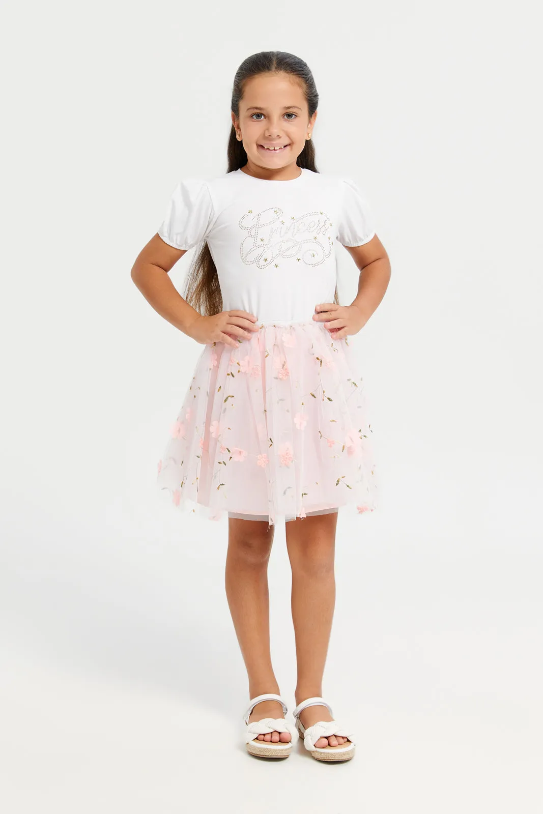 Girls Pink Floral Embroidered Skirt