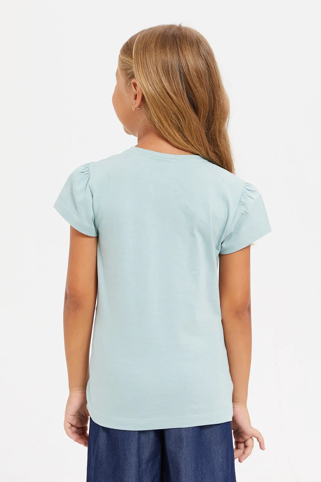 Girls Teal Printed T-Shirt