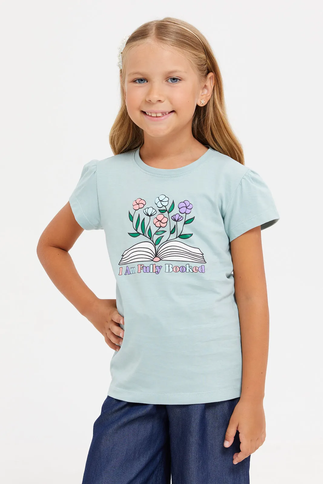 Girls Teal Printed T-Shirt