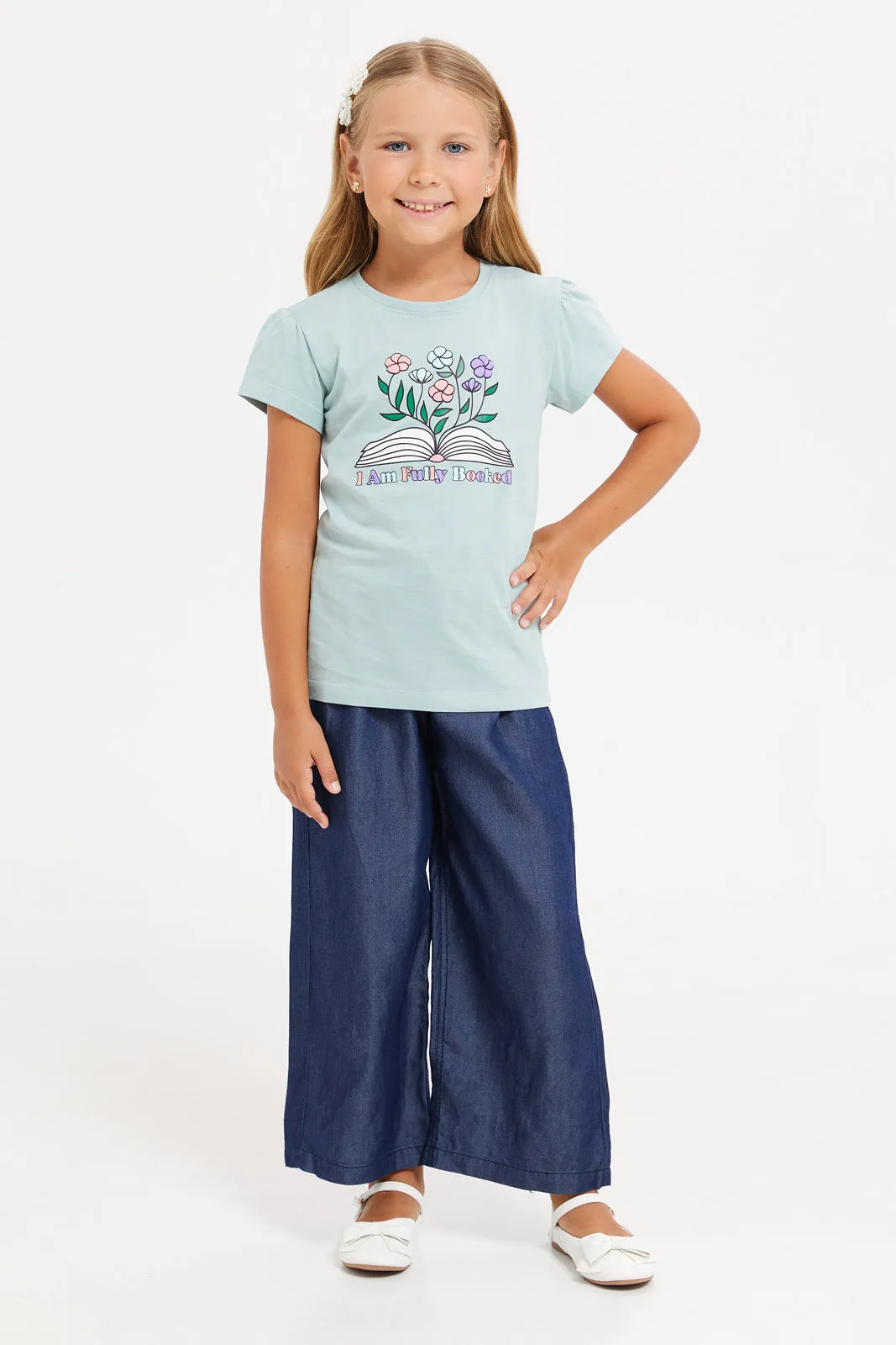 Girls Teal Printed T-Shirt