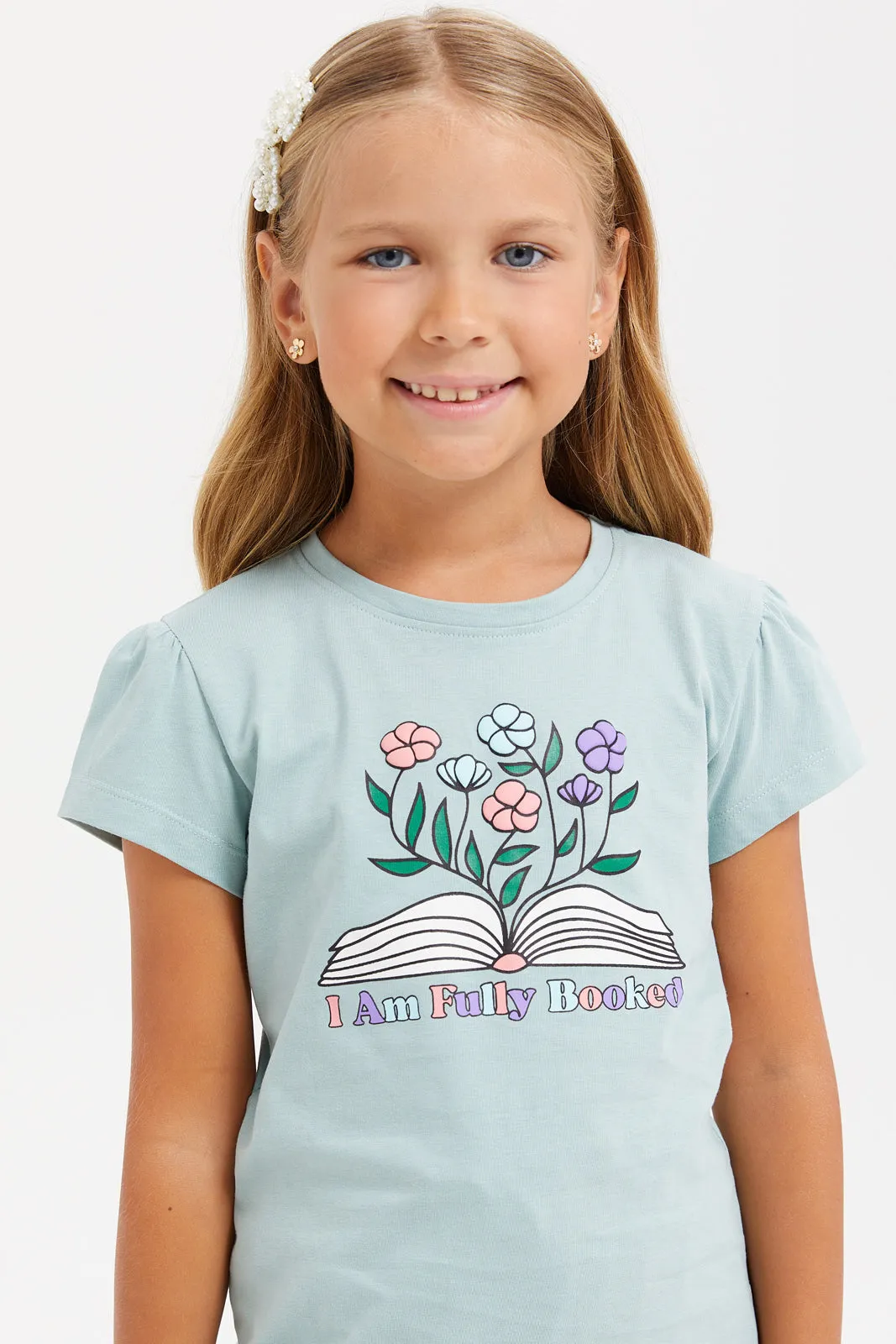 Girls Teal Printed T-Shirt