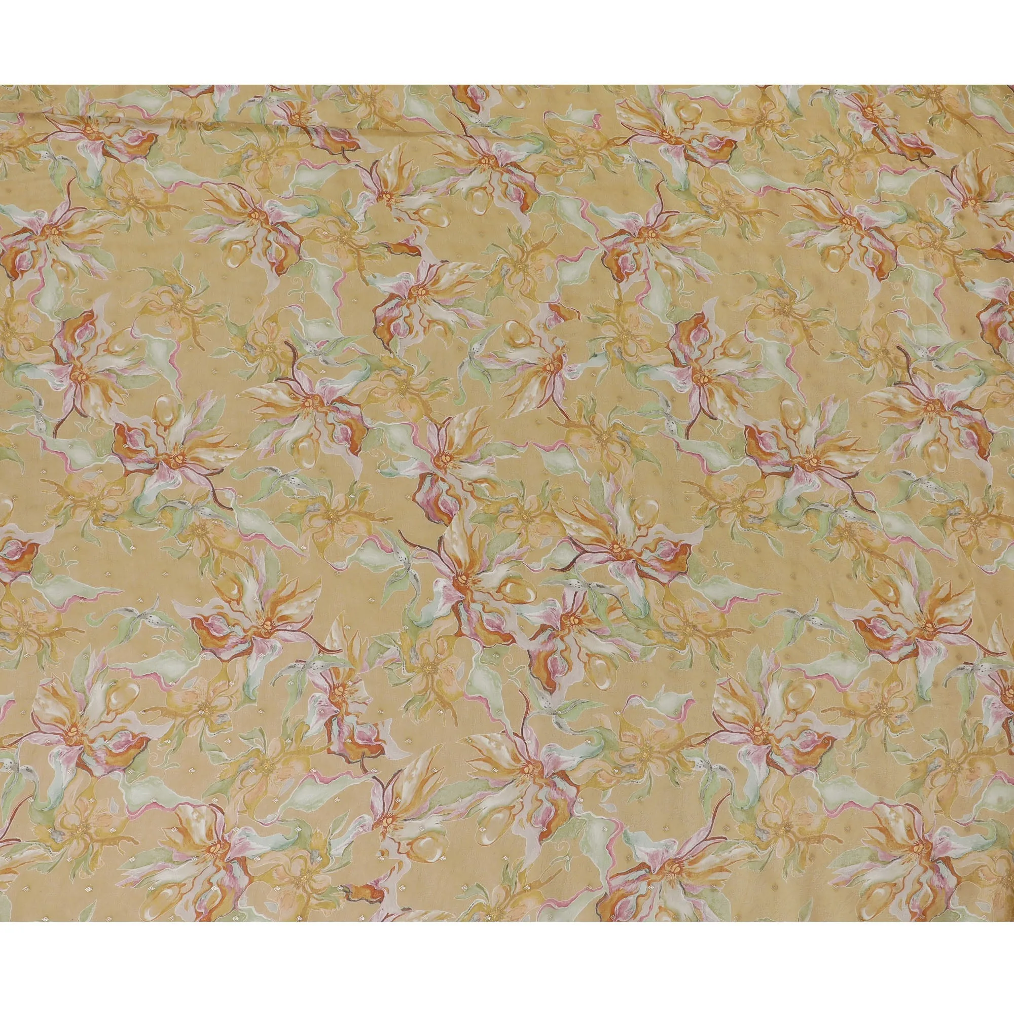 Golden Floral Synthetic Organza Fabric - 110 cm Width, Made in India-D19634