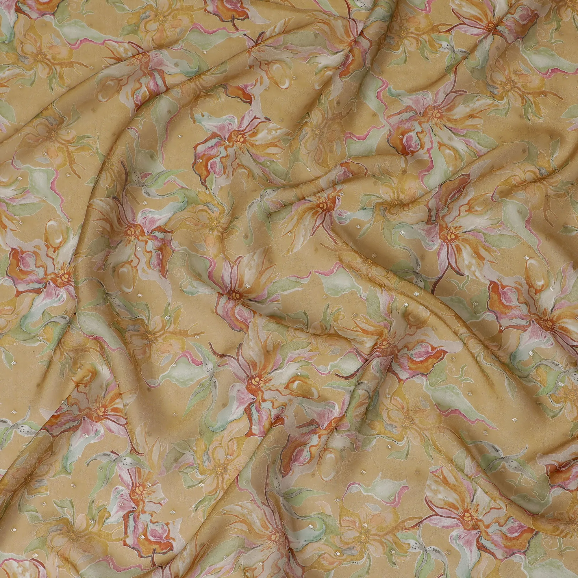 Golden Floral Synthetic Organza Fabric - 110 cm Width, Made in India-D19634