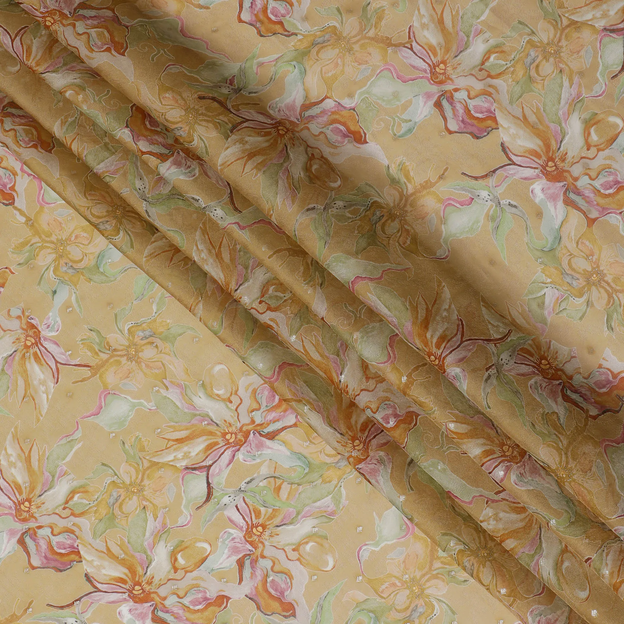 Golden Floral Synthetic Organza Fabric - 110 cm Width, Made in India-D19634