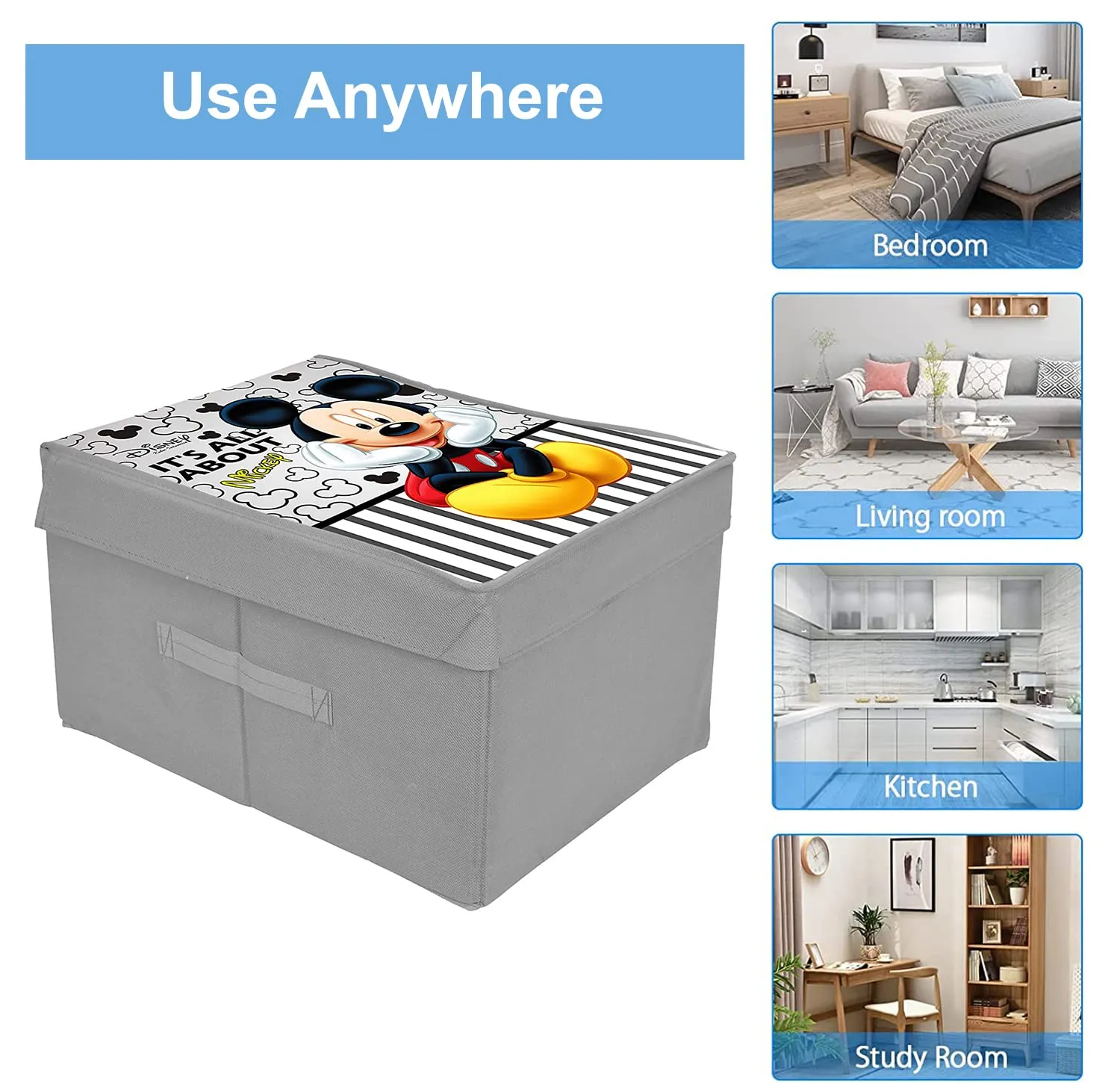 Heart Home Non-Woven Mickey Mouse Print Flodable Storage Box/Wardrobe Organizer With Lid For Home Decor (Grey) 54HH4234.