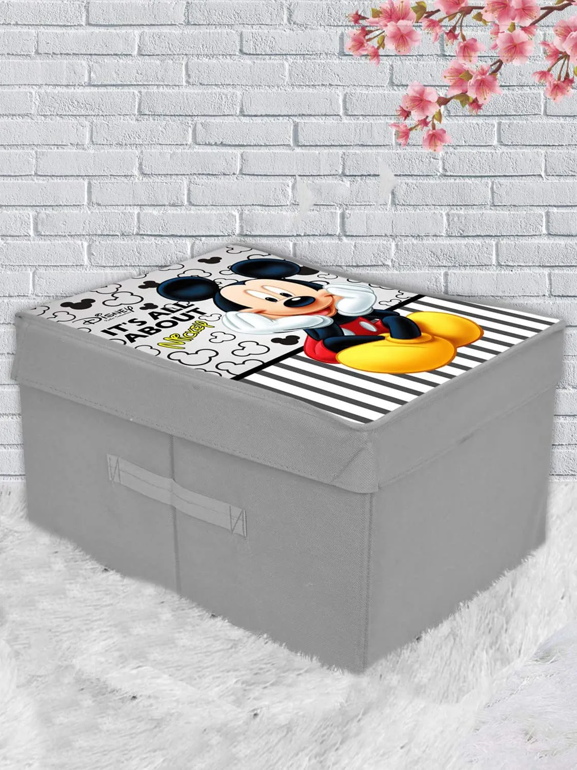 Heart Home Non-Woven Mickey Mouse Print Flodable Storage Box/Wardrobe Organizer With Lid For Home Decor (Grey) 54HH4234.