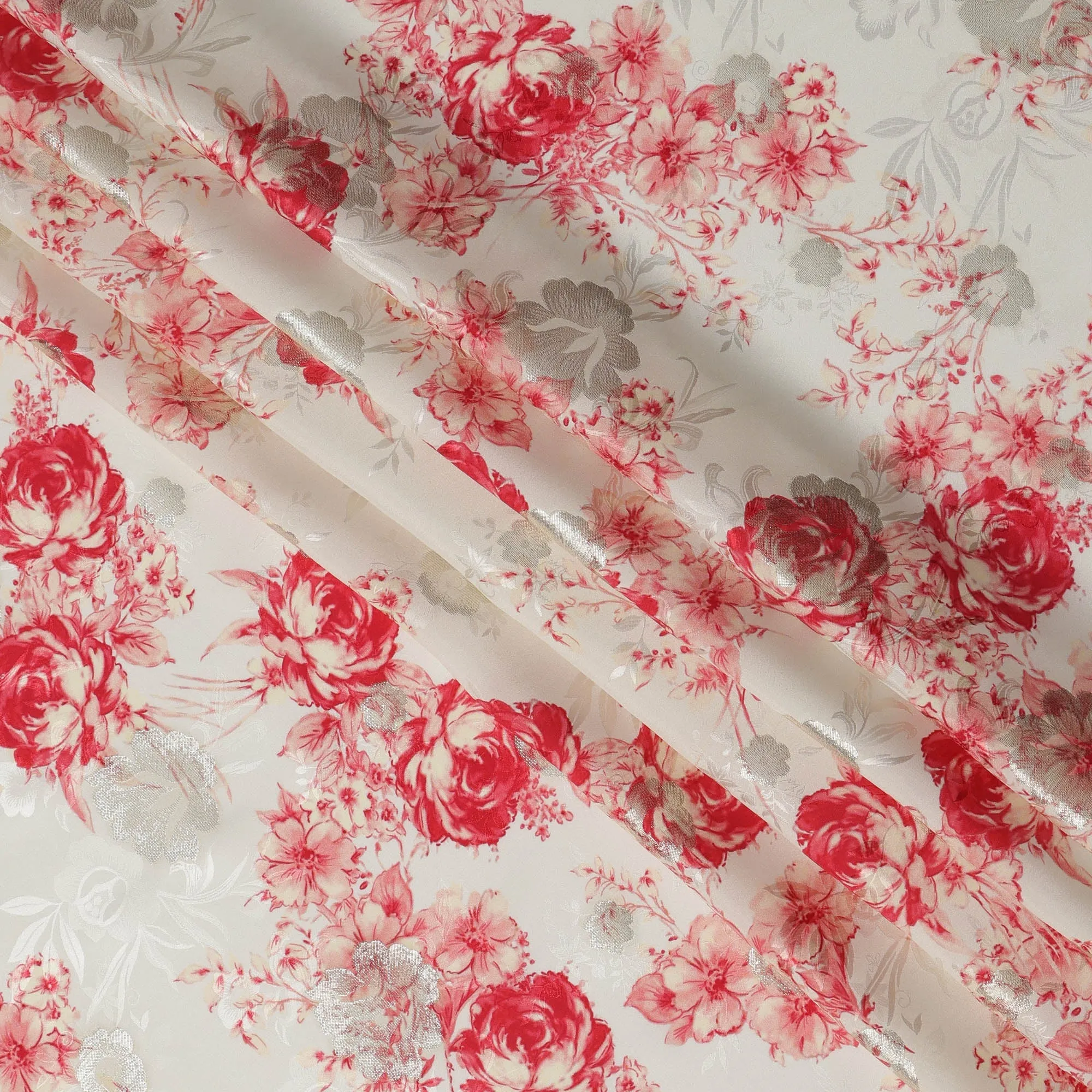 Ivory and Red Floral Silk Satin Fabric with Metallic Accents, Width 140 cm, South Korea-D21292