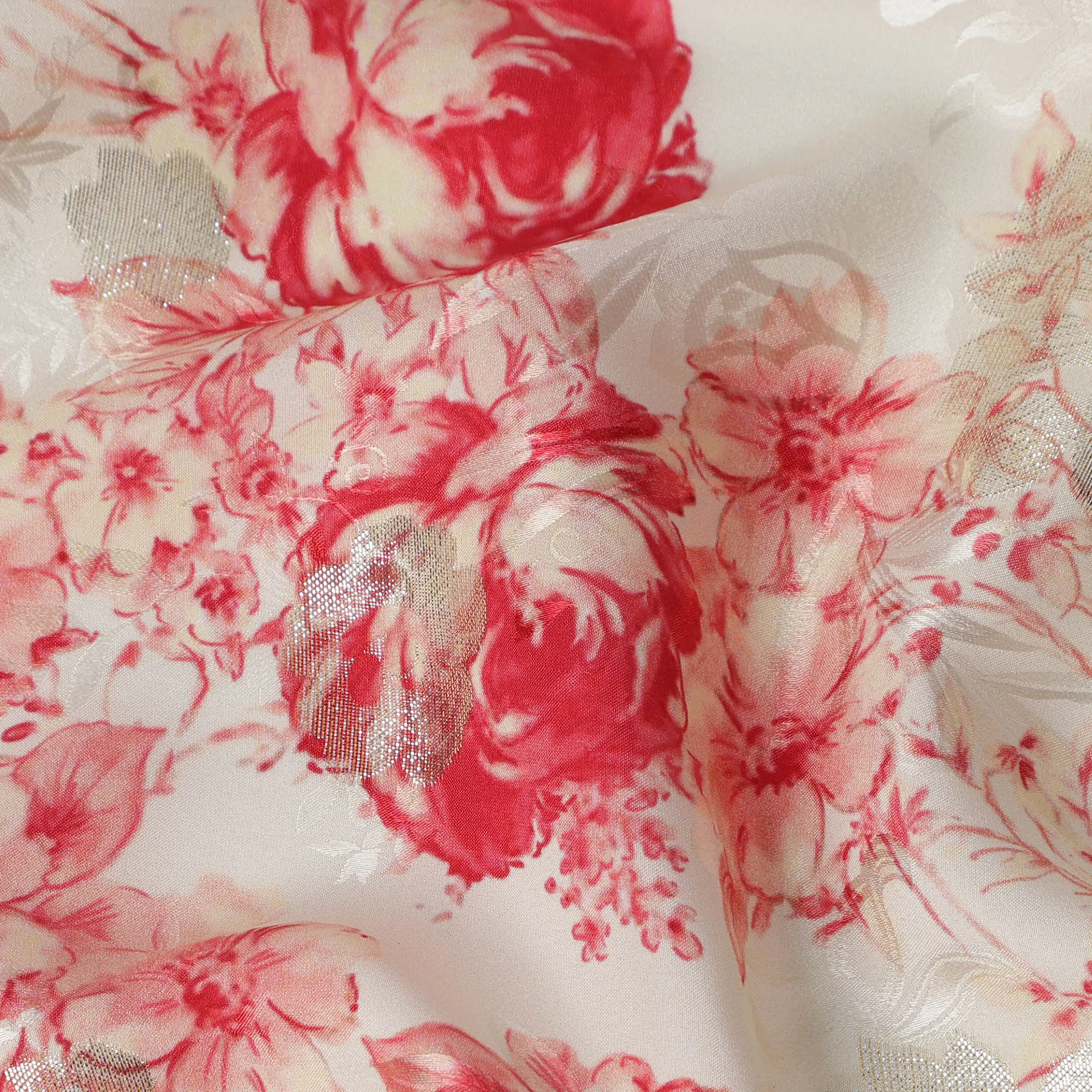 Ivory and Red Floral Silk Satin Fabric with Metallic Accents, Width 140 cm, South Korea-D21292