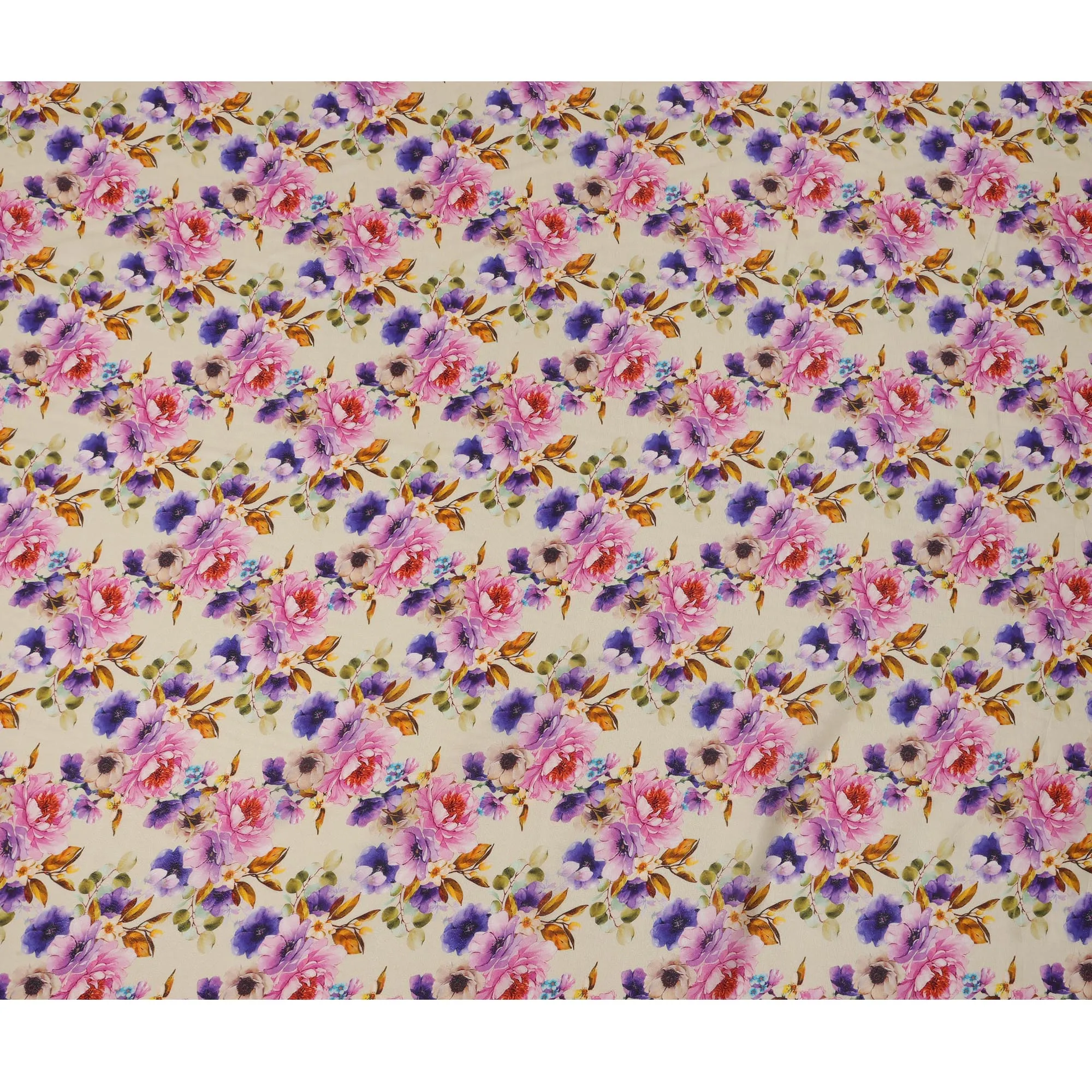 Ivory Pink and Purple Floral Viscose Crepe Digital Print Fabric, 110 cm Wide, Made in India-D20997