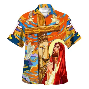 Jesus Prayer Lion Cross Hawaiian Shirts For Men - Christian Hawaiian Shirt - Hawaiian Summer Shirts