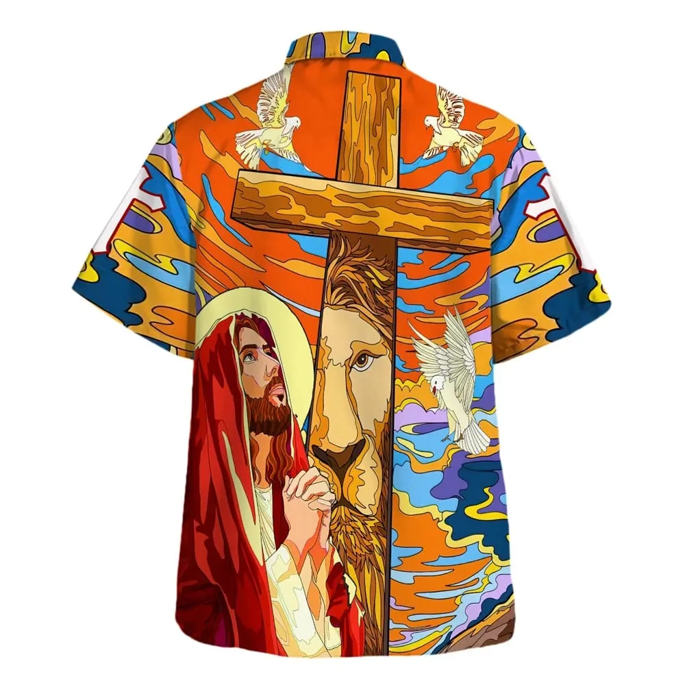 Jesus Prayer Lion Cross Hawaiian Shirts For Men - Christian Hawaiian Shirt - Hawaiian Summer Shirts