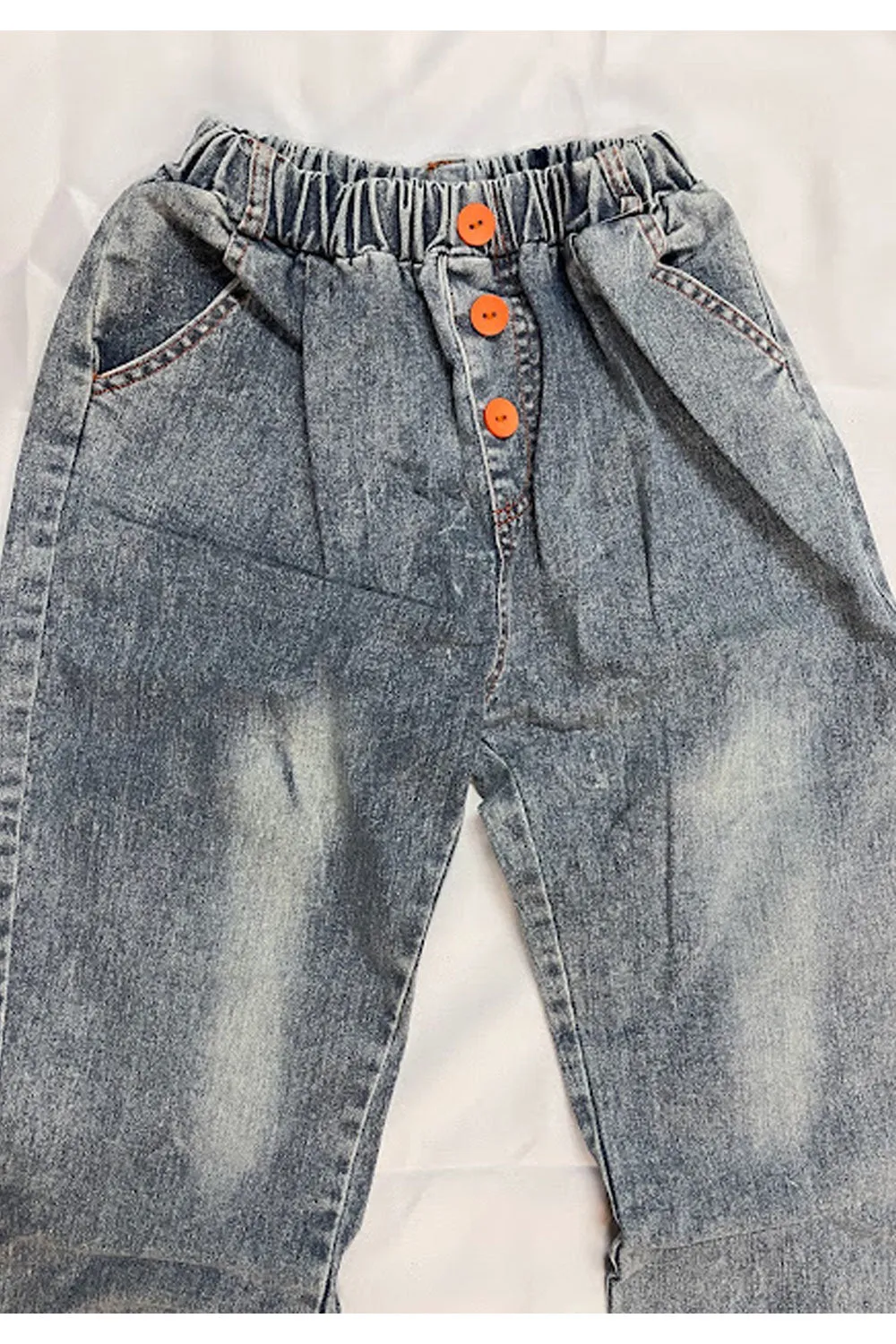 Kids Girls Modern Solid Pattern Elastic Waist Fancy Buttons Styled Jeans-GJN114658