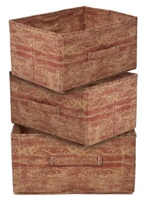 Kuber Industries Wooden Design Non-Woven Rectangular Flodable Cloth Storage Box/Drawer- Pack of 3 (Maroon Brown)-44KM0591