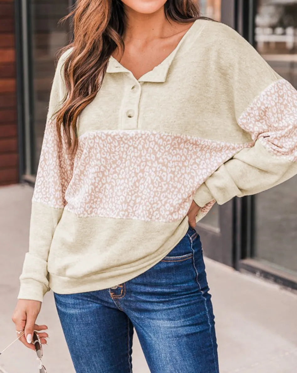 Leopard Colorblock Long Sleeve Pullover