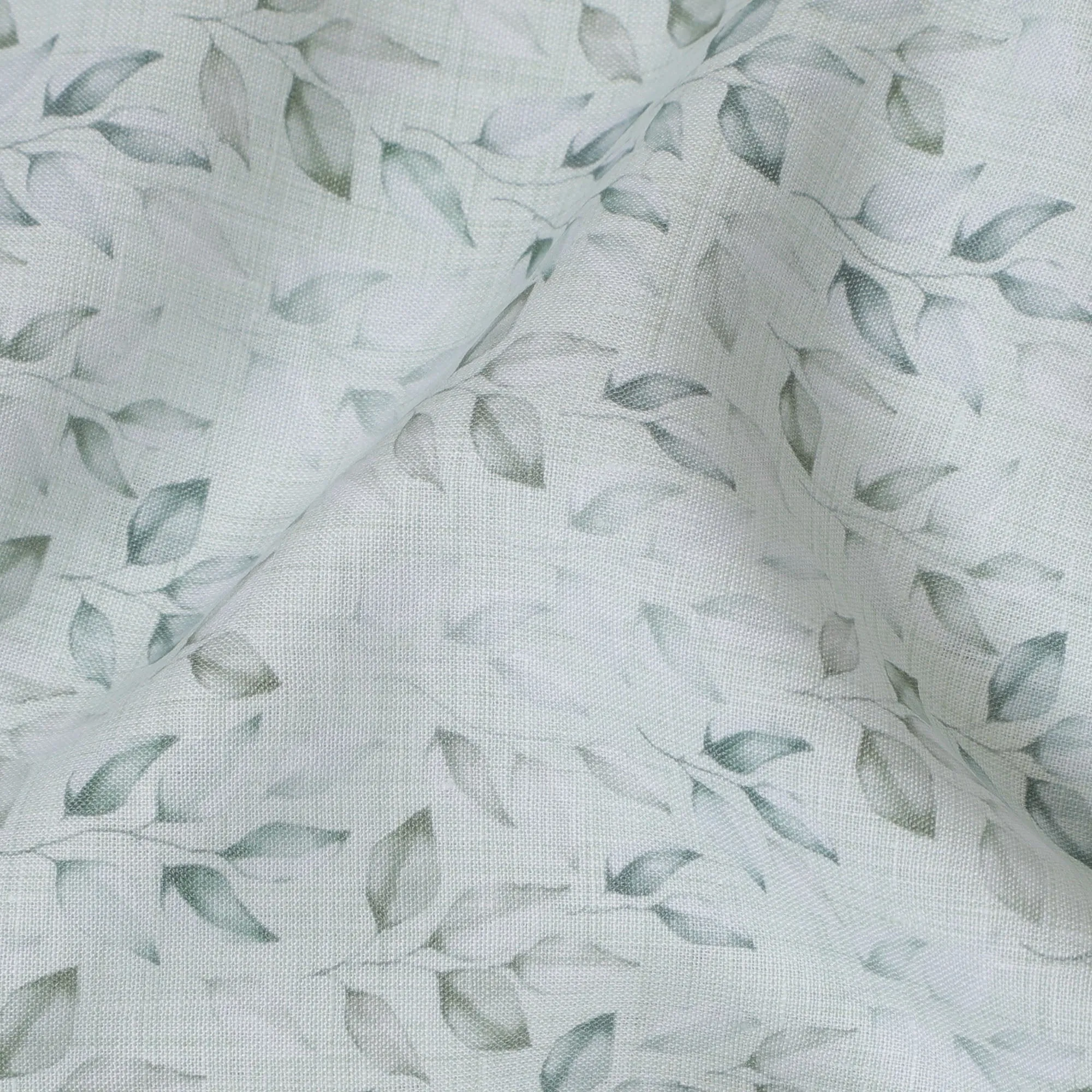 Light Blue and Grey Leaf Print Pure Linen Fabric - 150 cm Width-D20002