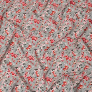 Light Grey Viscose Fabric with Red and Pink Floral Digital Print, 110 cm Width-D20624