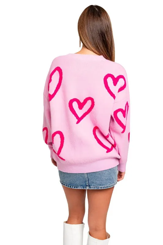 Long Sleeve Round Neck Heart Printed Sweater