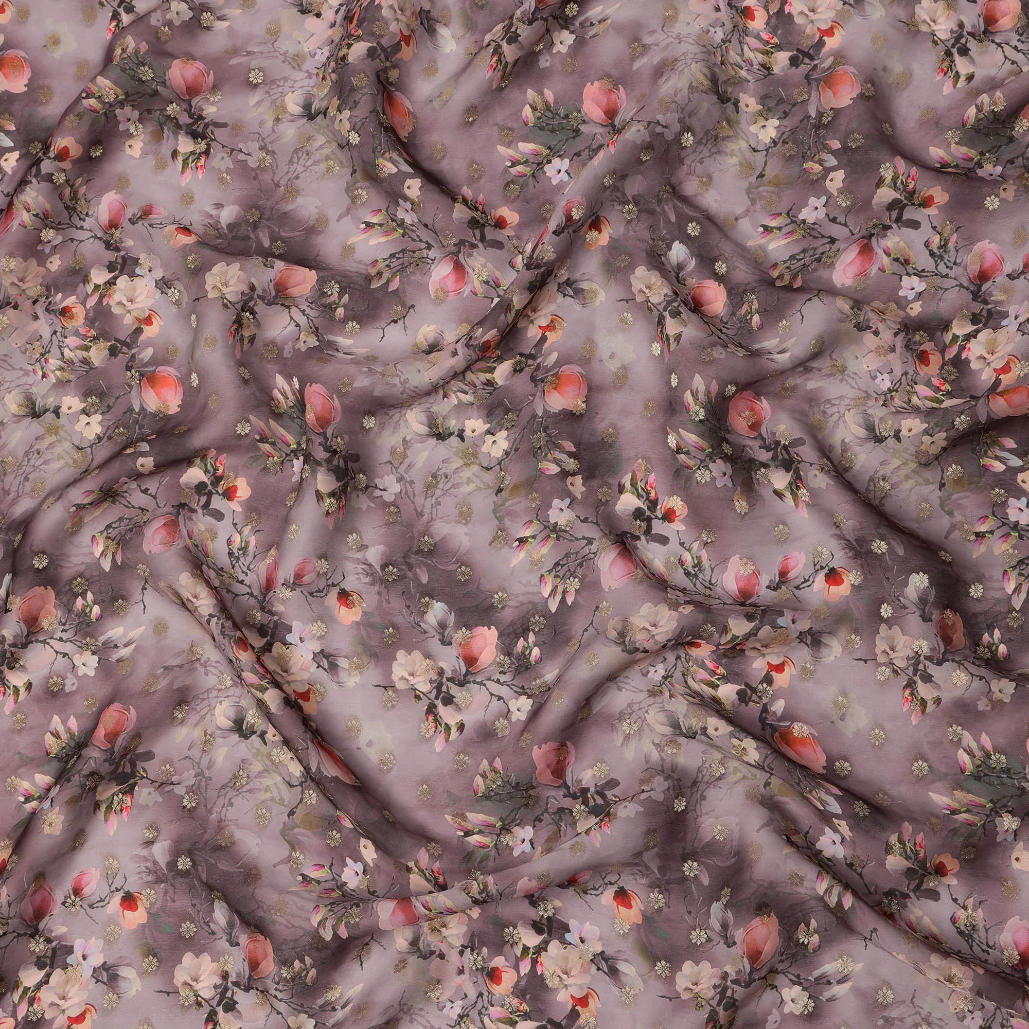 Mauve Floral Synthetic Organza Satin Fabric, 110 cm Wide, Made in India-D20983