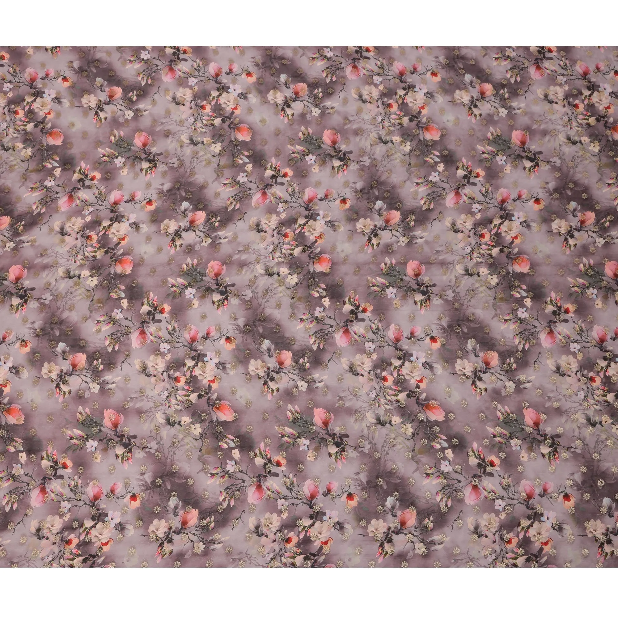 Mauve Floral Synthetic Organza Satin Fabric, 110 cm Wide, Made in India-D20983