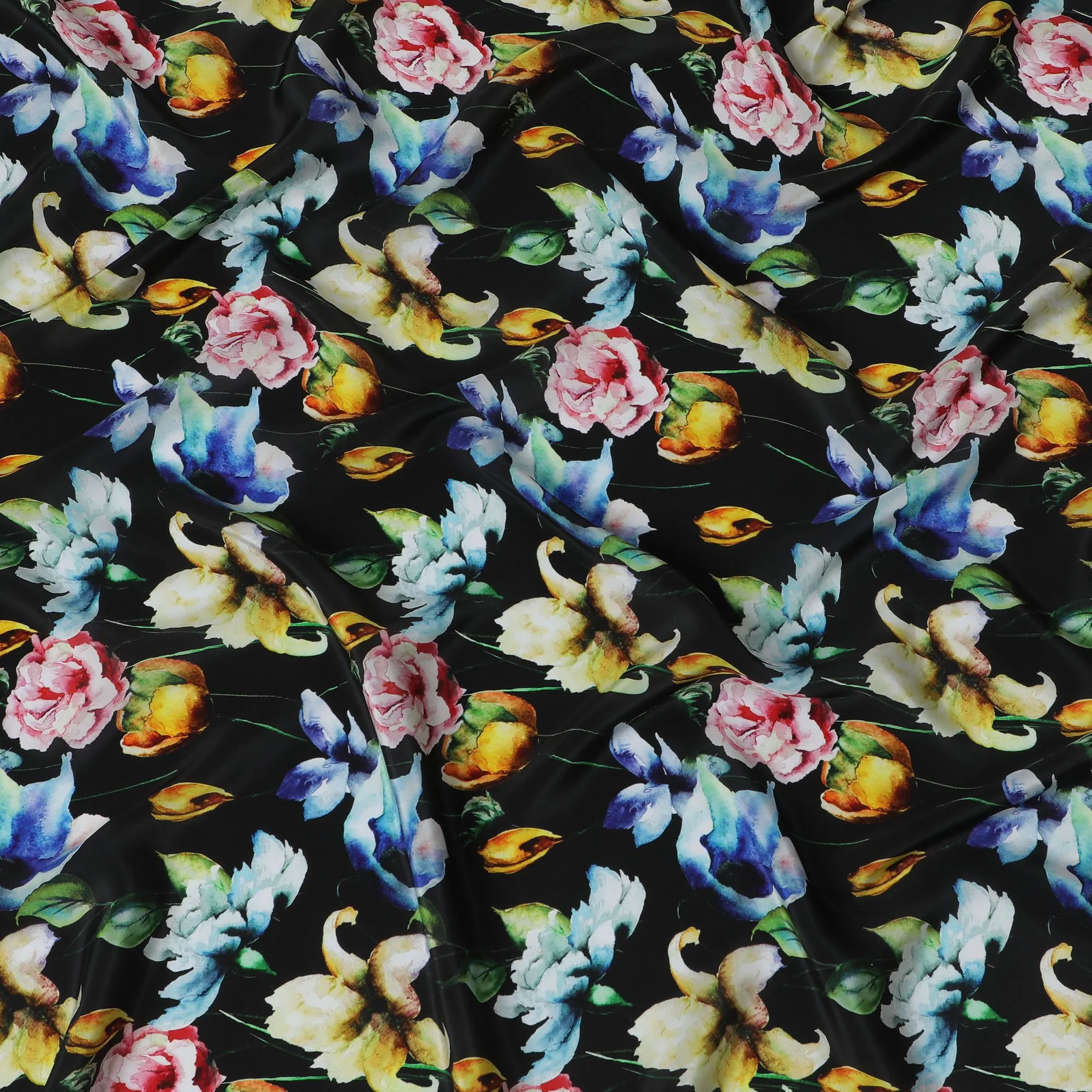 Midnight Florals Viscose Fabric - Vibrant Digital Print, Luxurious Draping, Crafted in India, 110cm Wide-D18726