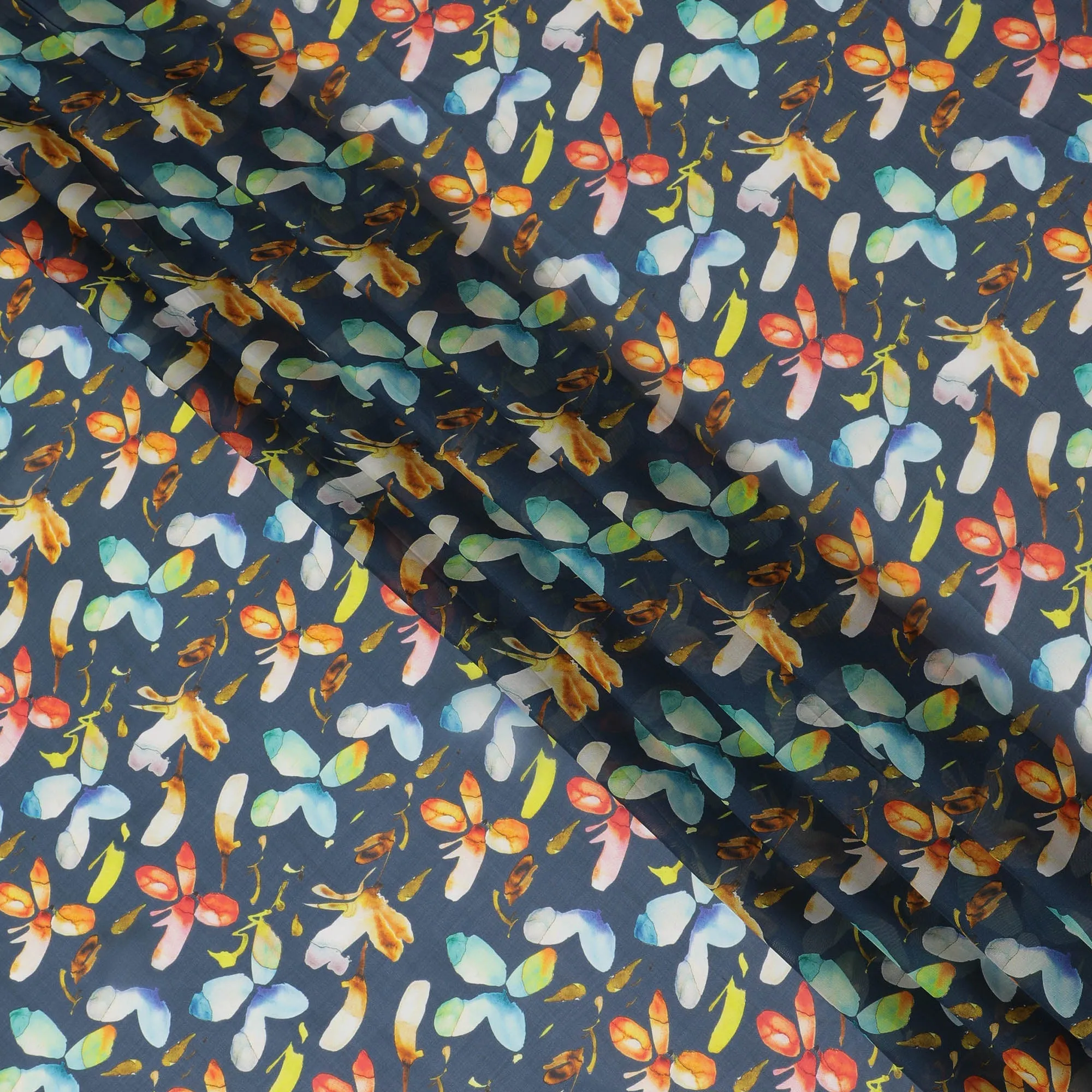 Navy Blue Synthetic Chiffon Fabric with Colorful Abstract Floral Print, 140 cm Wide-D19122