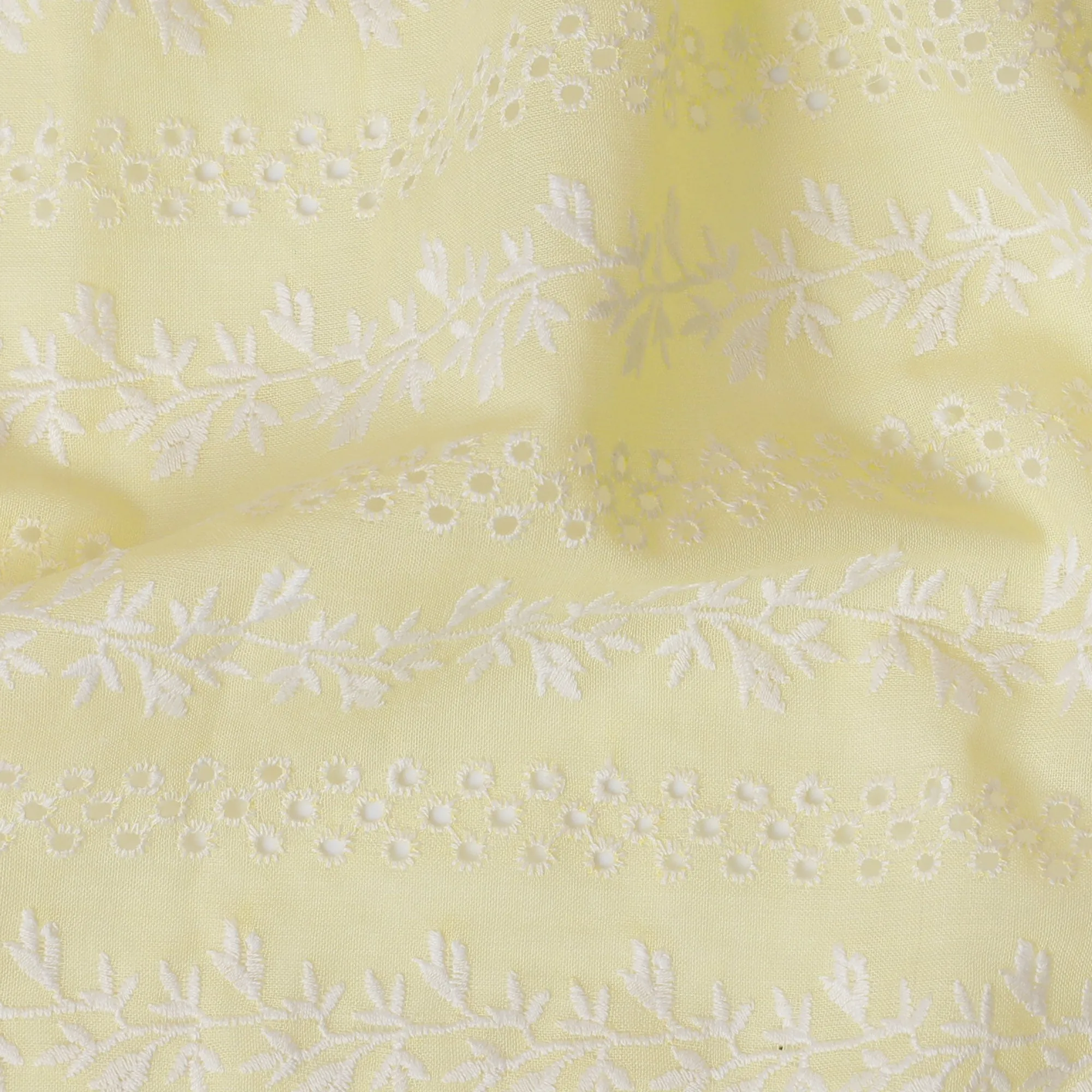 Pastel Yellow Floral Embroidered Cotton Lawn Fabric, 110 cm Width-D19679