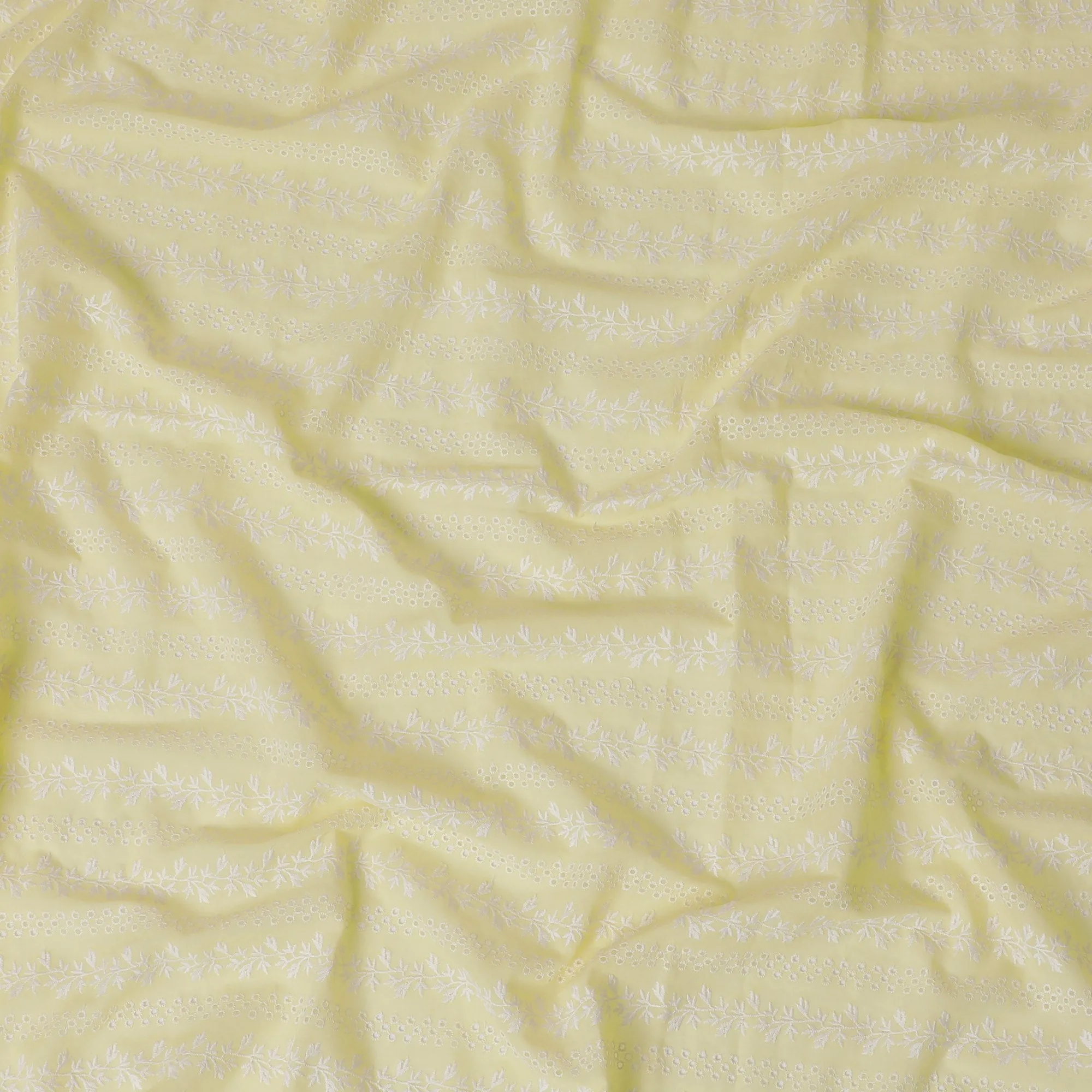 Pastel Yellow Floral Embroidered Cotton Lawn Fabric, 110 cm Width-D19679