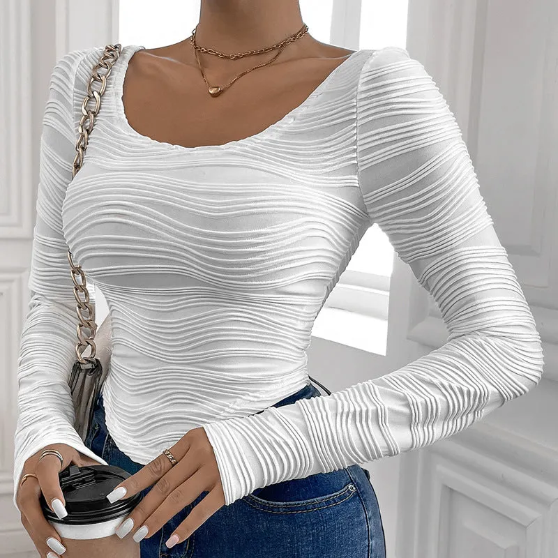 PEOPLETERRITORY  autumn new round neck slim sexy T-shirt curved texture ins style versatile T-shirt top