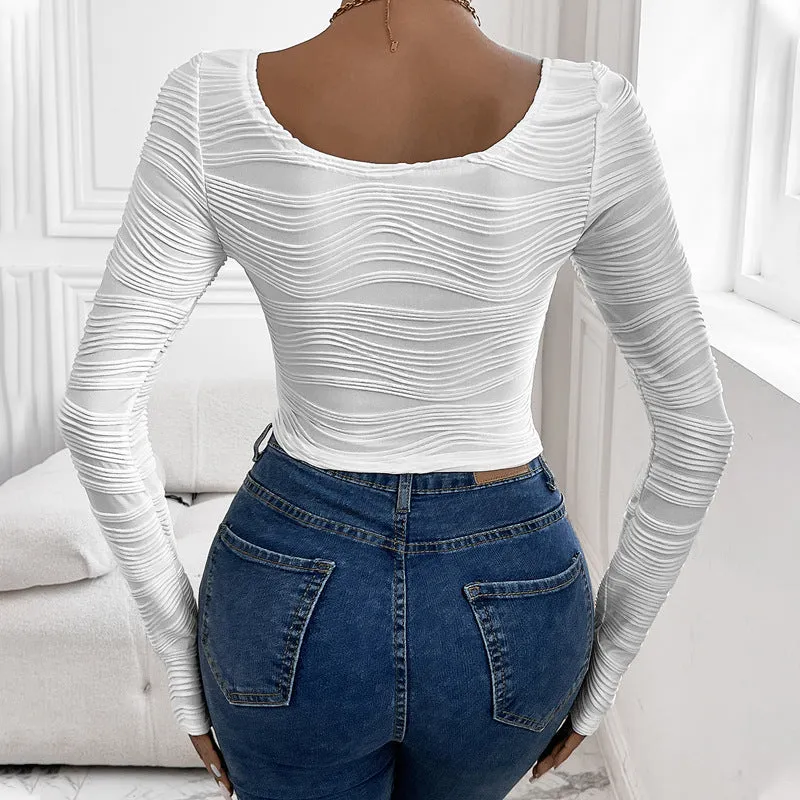 PEOPLETERRITORY  autumn new round neck slim sexy T-shirt curved texture ins style versatile T-shirt top