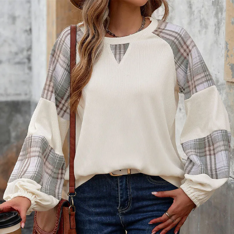 PEOPLETERRITORY  cross-level  trade plaid contrasting color splicing round neck pullover sweater loose casual versatile top