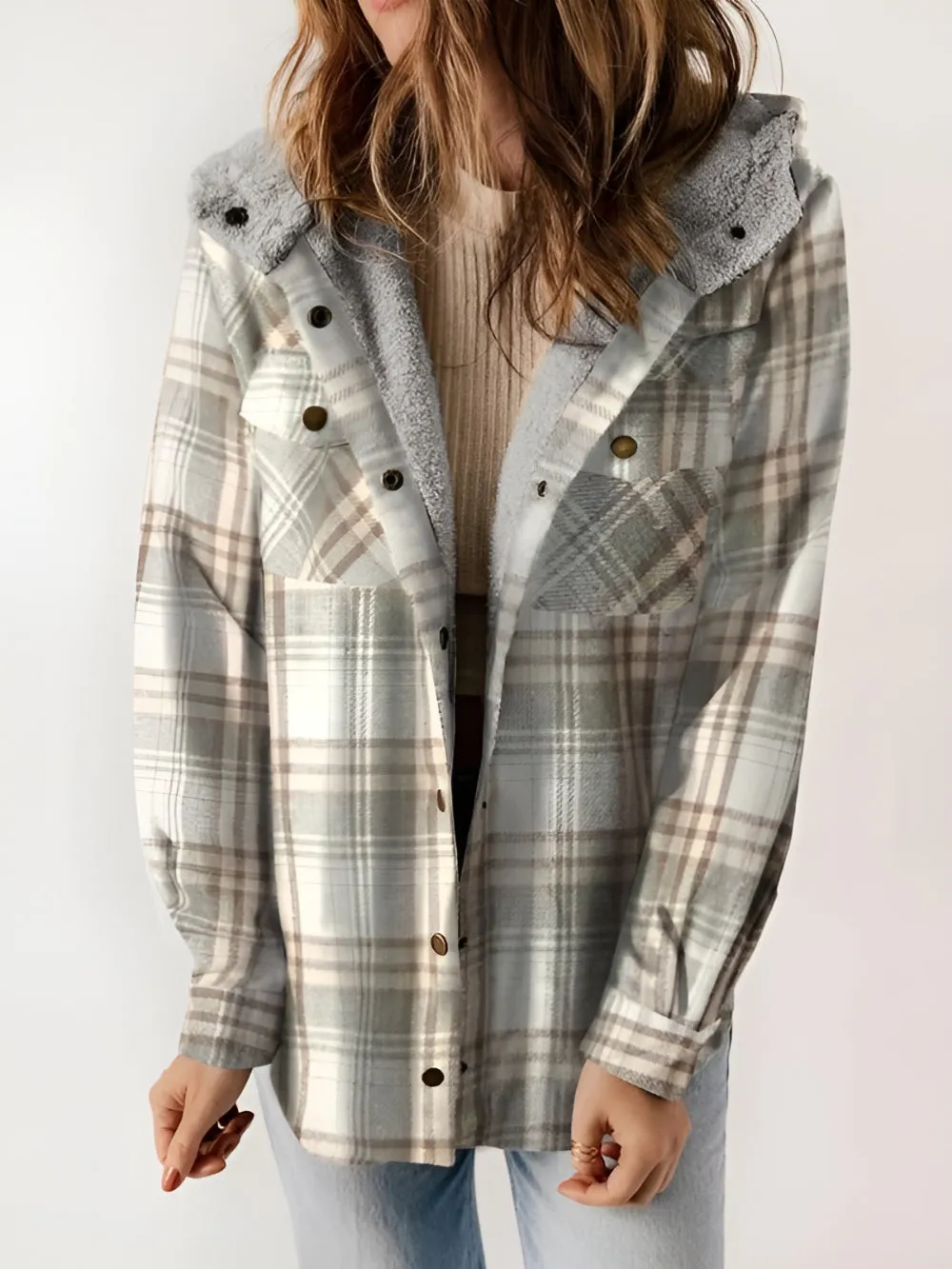 Plaid Fleece Lined Button Up Jacket