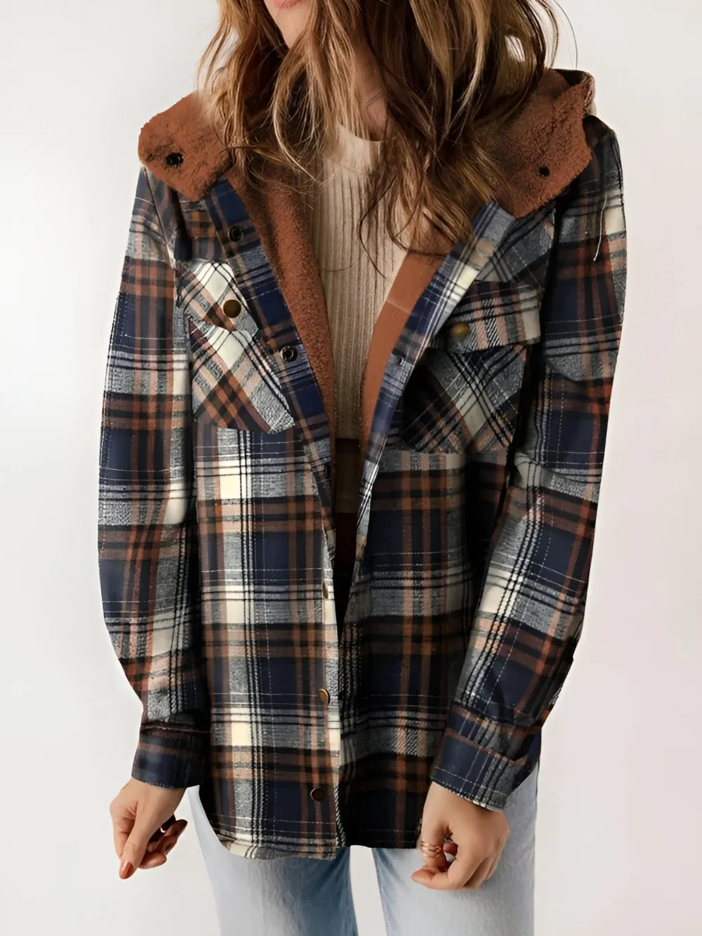 Plaid Fleece Lined Button Up Jacket