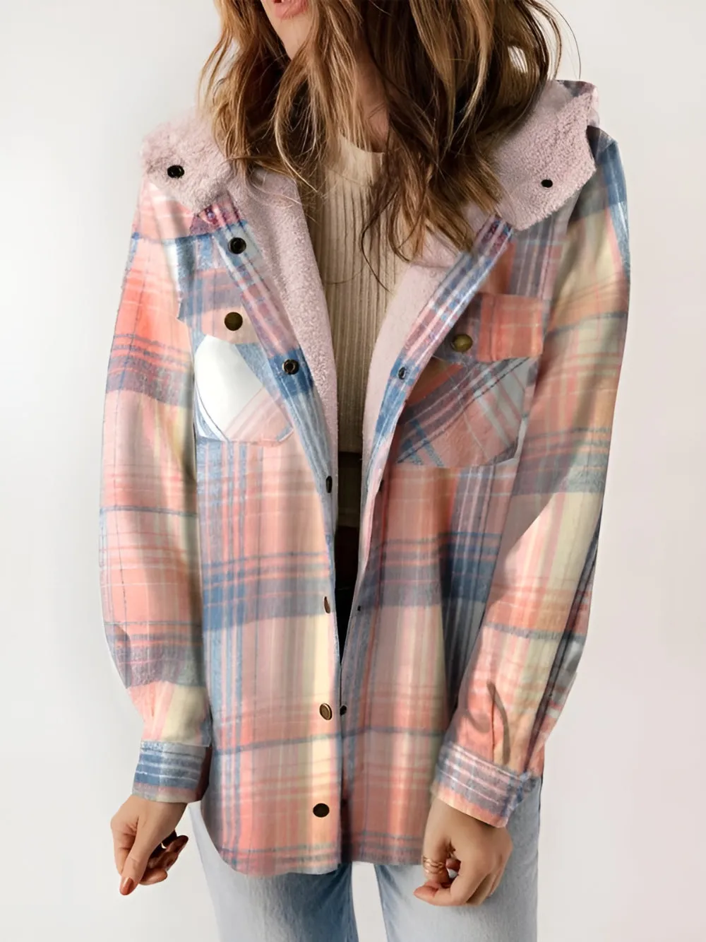 Plaid Fleece Lined Button Up Jacket