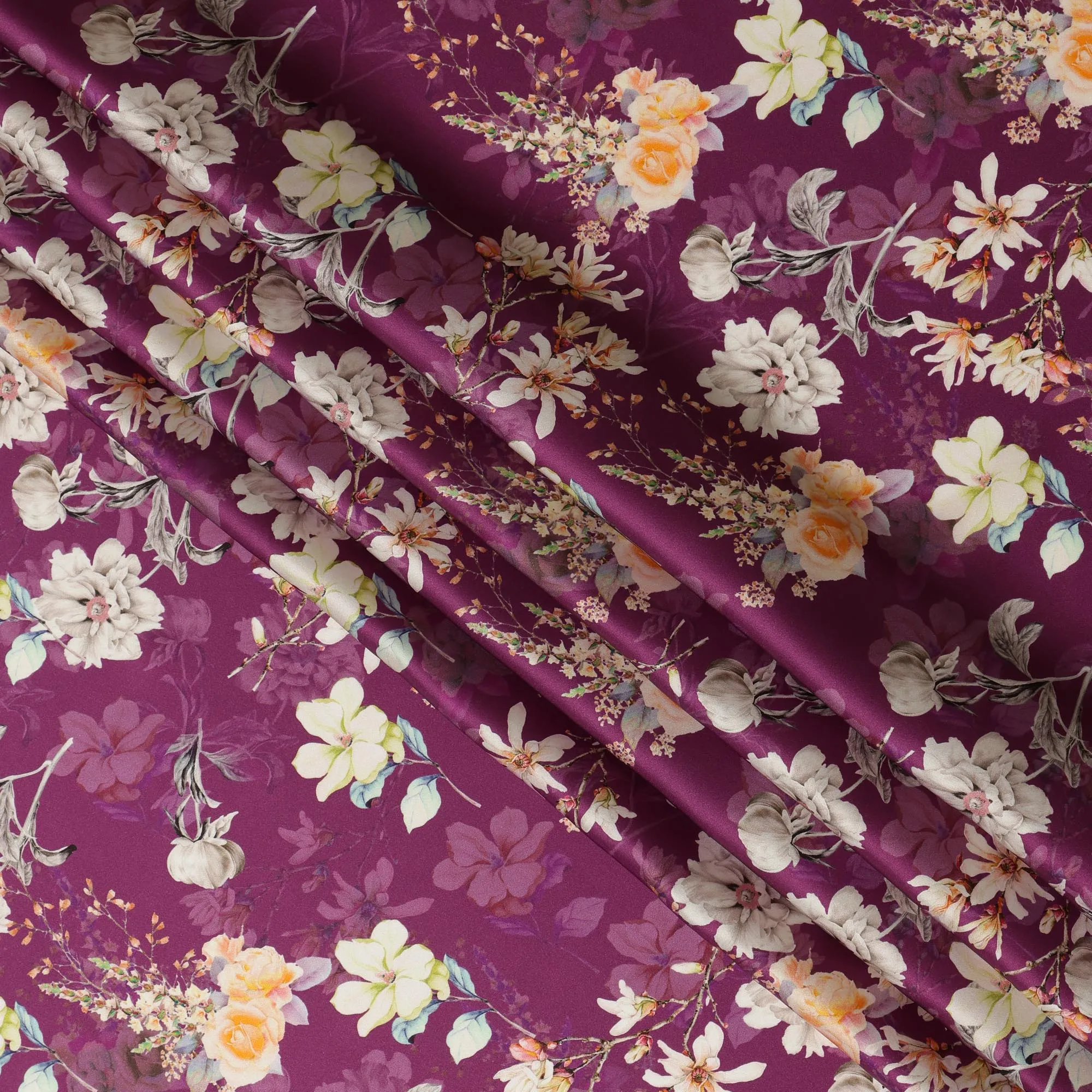 Plum Floral Pure Silk Satin Fabric - 140 cm Width, Made in Italy-D20721