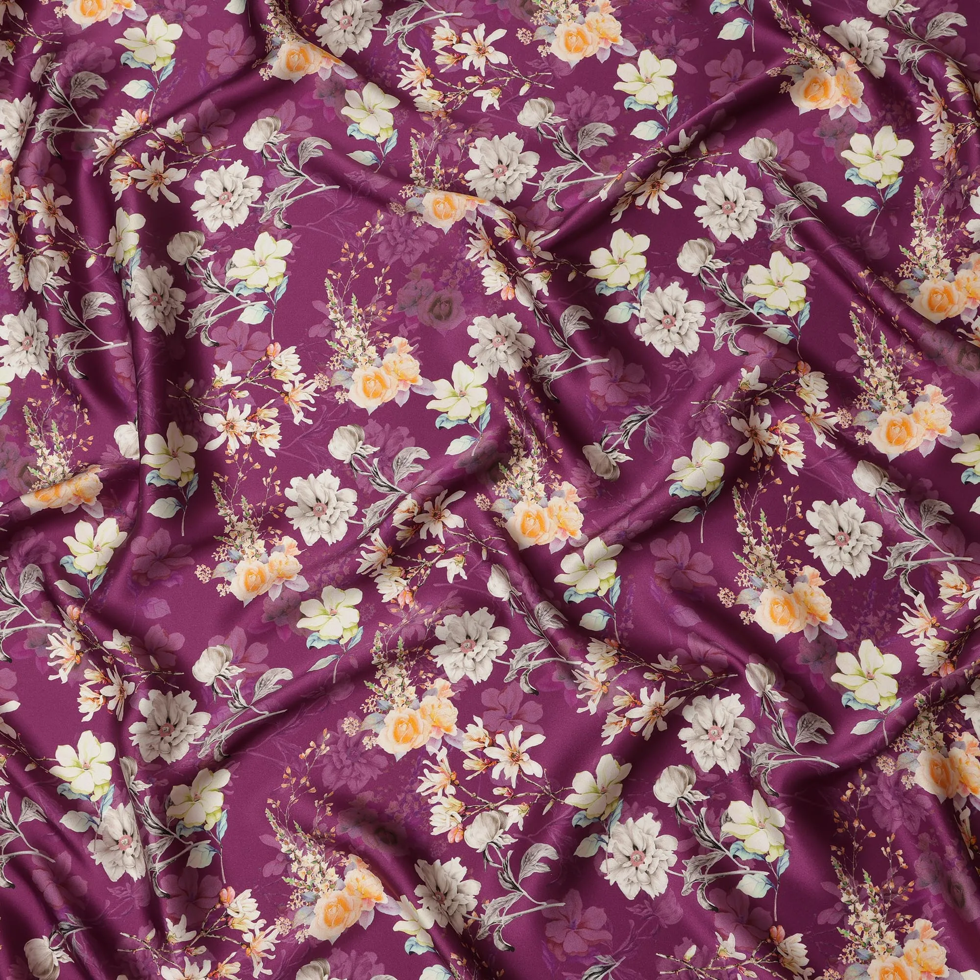 Plum Floral Pure Silk Satin Fabric - 140 cm Width, Made in Italy-D20721