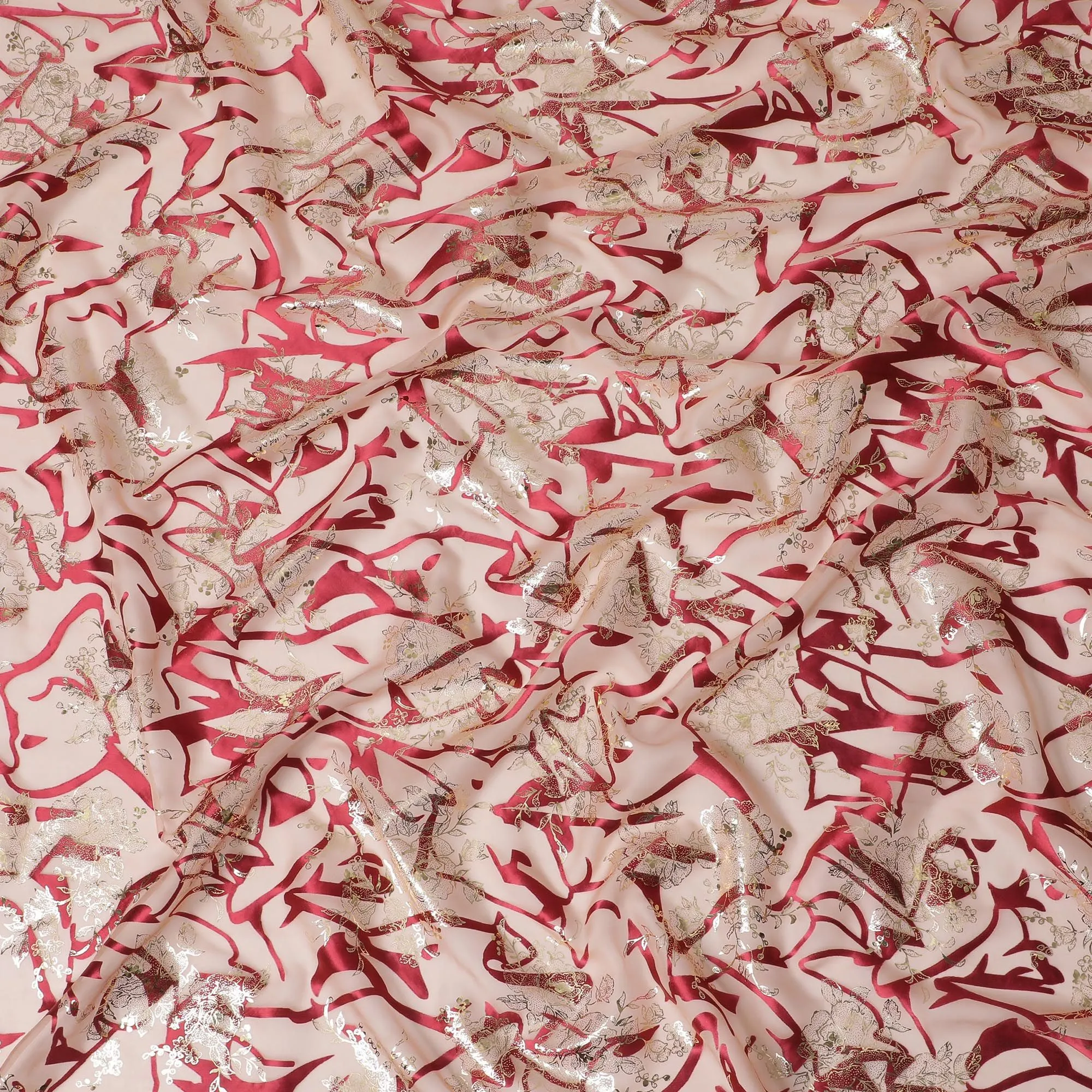 Red Silk Chiffon Metallic Fabric - Exotic Design, Premium Quality from South Korea, 110 cm Wide  - D17658