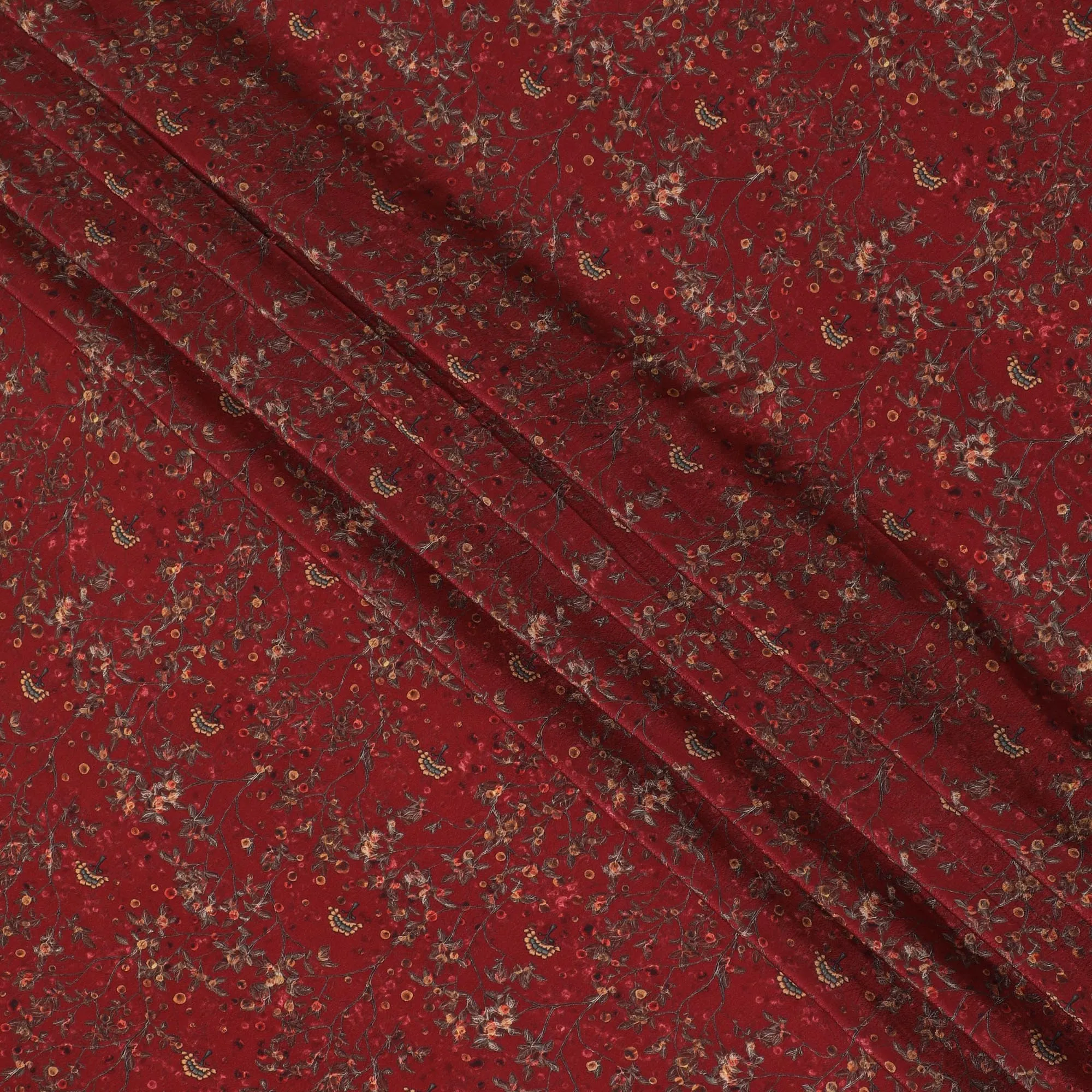 Rich Burgundy Synthetic Crepe Fabric with Golden Floral Accents, 110 cm Wide-D19136