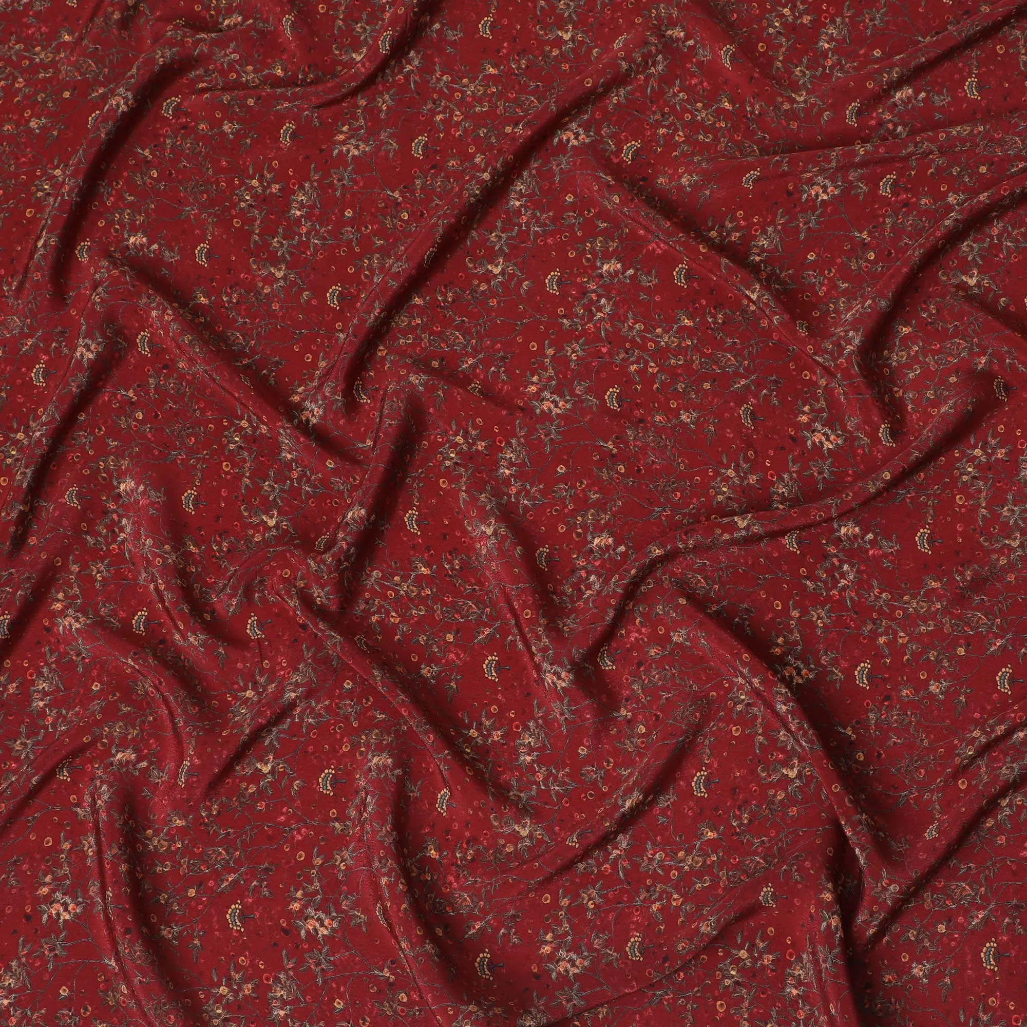 Rich Burgundy Synthetic Crepe Fabric with Golden Floral Accents, 110 cm Wide-D19136