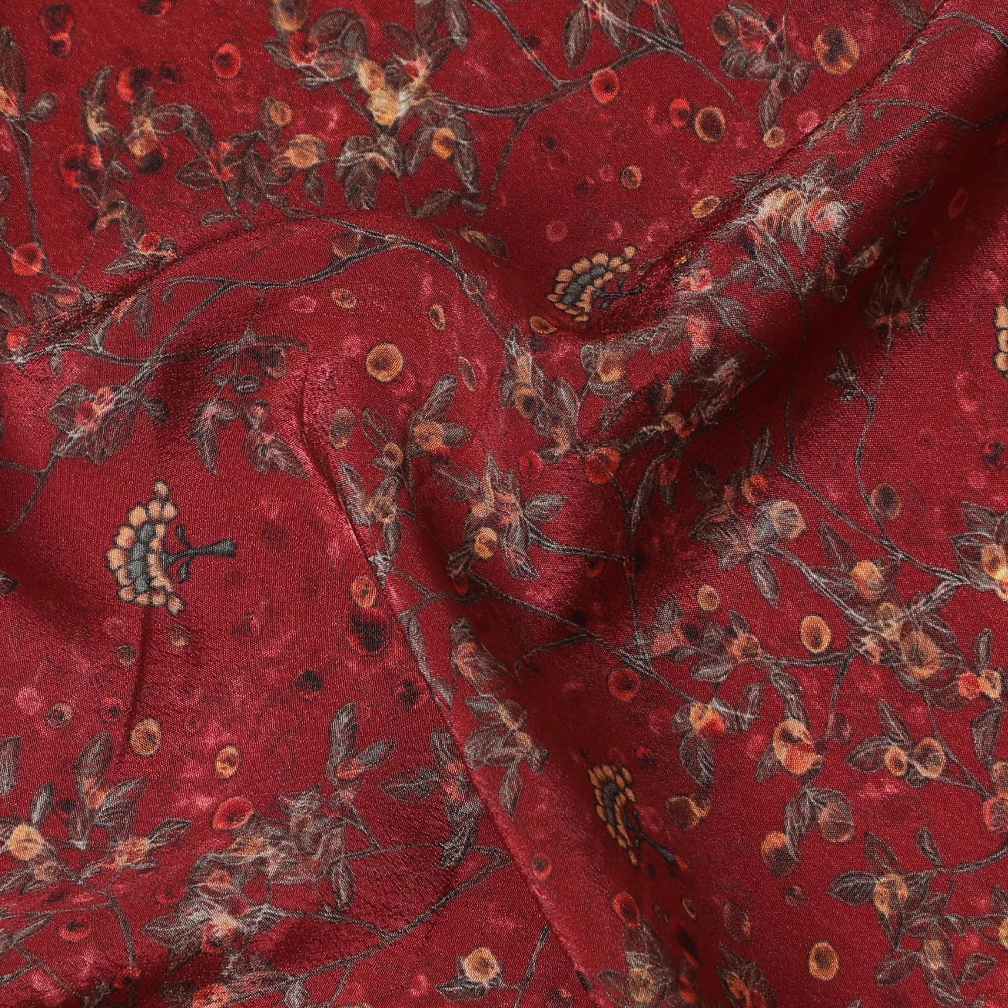 Rich Burgundy Synthetic Crepe Fabric with Golden Floral Accents, 110 cm Wide-D19136