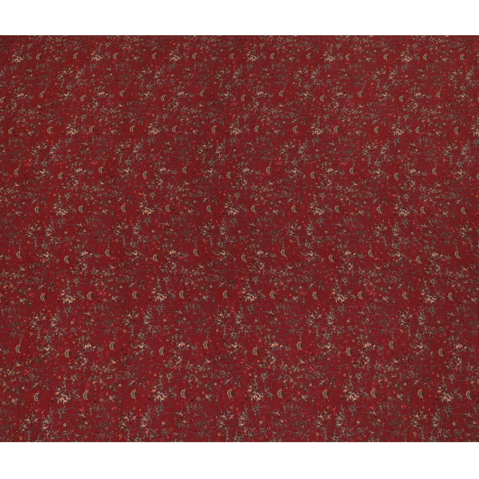 Rich Burgundy Synthetic Crepe Fabric with Golden Floral Accents, 110 cm Wide-D19136