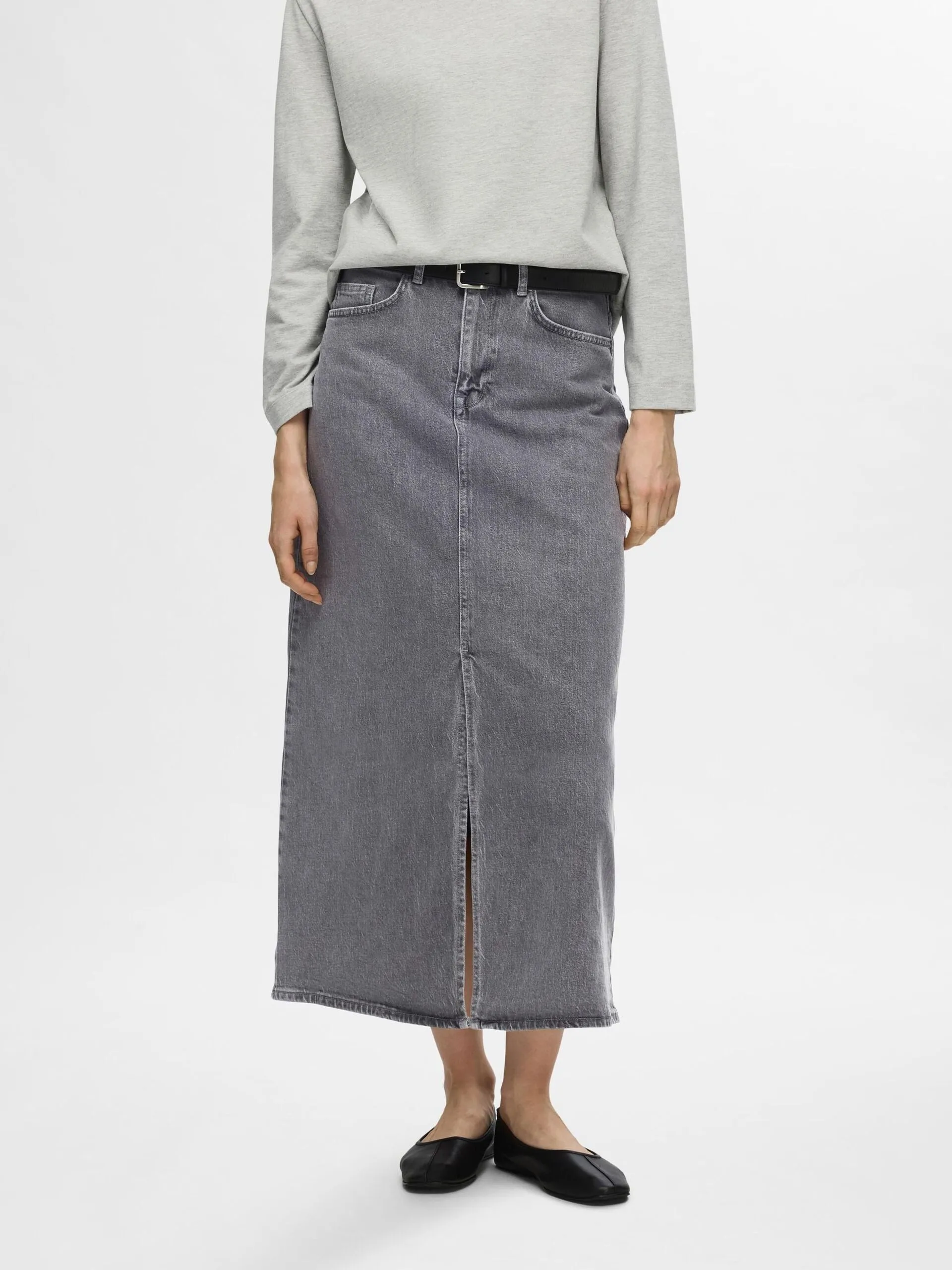 Selected Femme Krista High Waist Midi Denim Skirt Light Grey