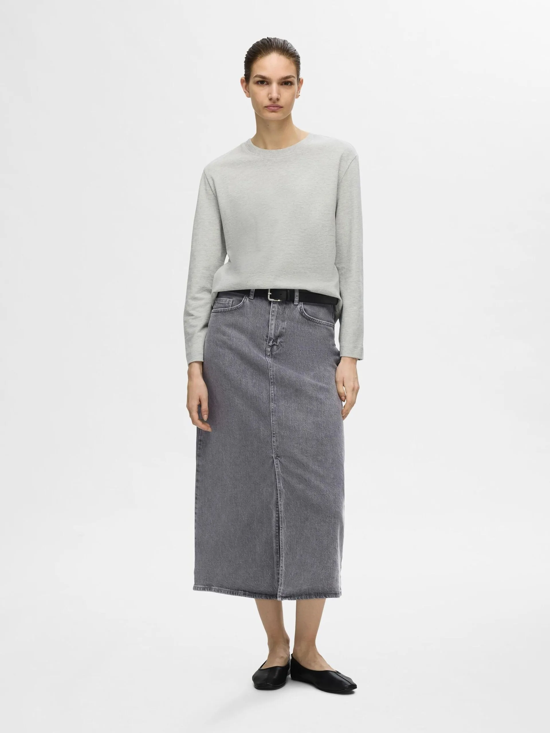 Selected Femme Krista High Waist Midi Denim Skirt Light Grey