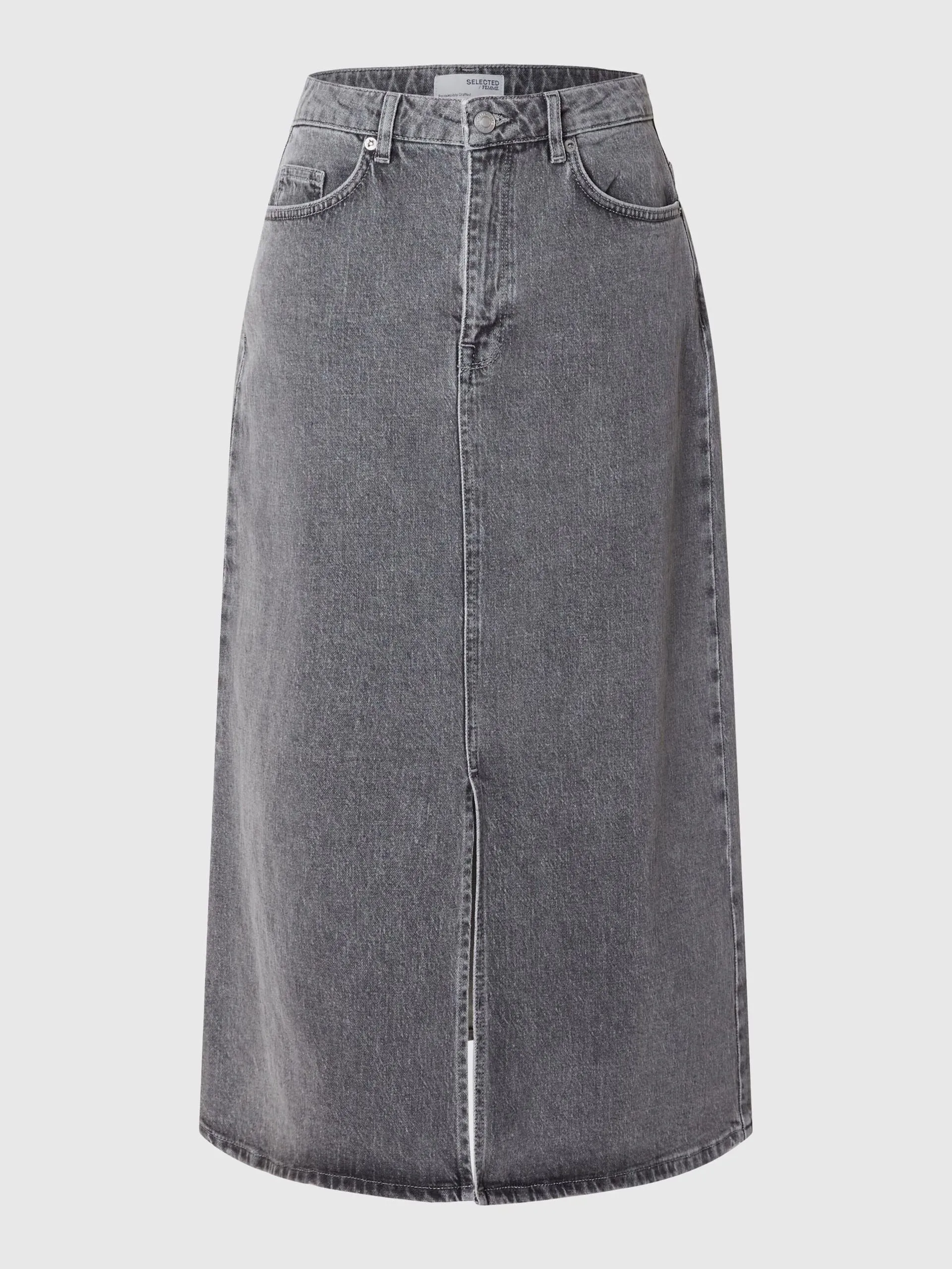 Selected Femme Krista High Waist Midi Denim Skirt Light Grey