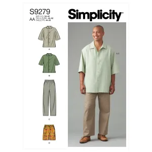 Simplicity Pattern 9279 Men's Shirt In Two Lengths, Pants & Shorts