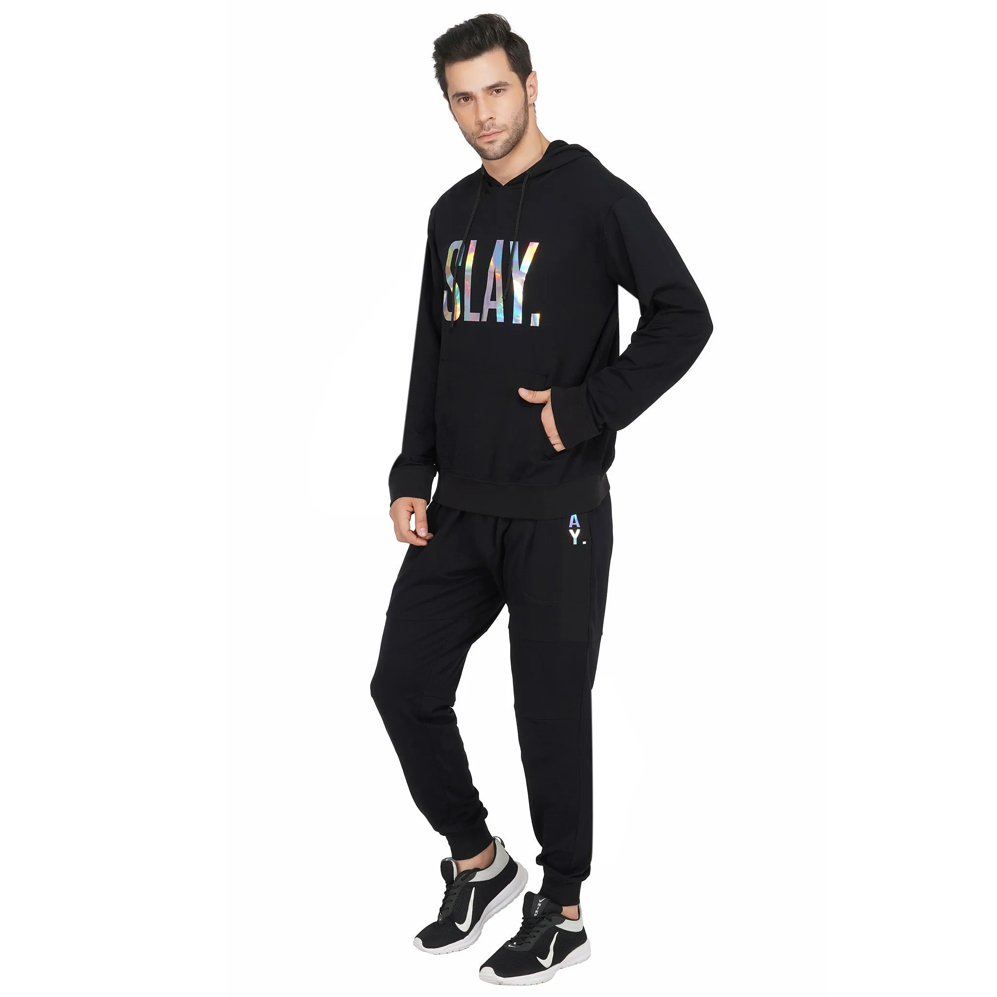 SLAY. Men's Holographic Reflective Print Black Printed Tracksuit 💎 Edition