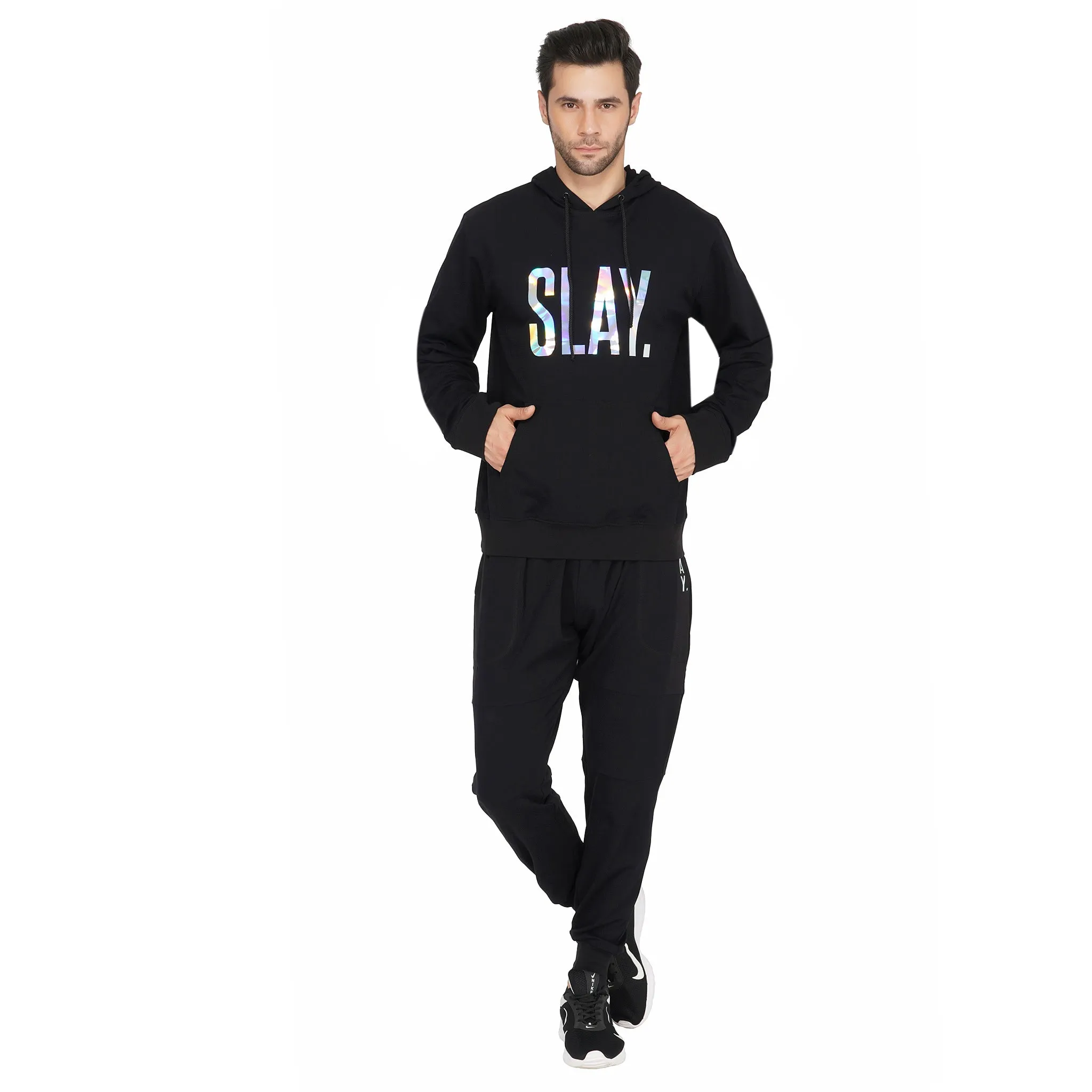 SLAY. Men's Holographic Reflective Print Black Printed Tracksuit 💎 Edition