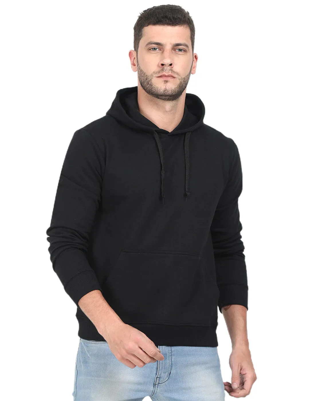 Solid Black Cotton Blend Kangaroo Hoodie Sweatshirt for Men By LazyChunks