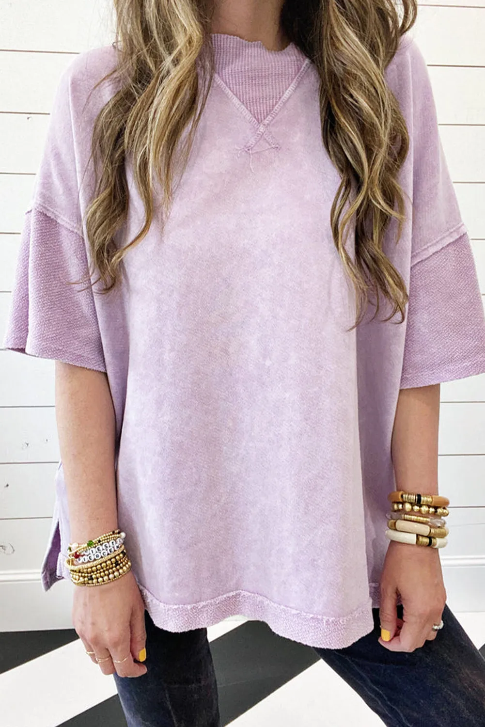 Strawberry Pink Mineral Wash Exposed Seam Drop Shoulder Oversized Tee