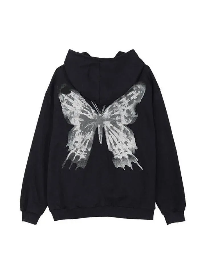 Street Butterfly Print Zip Up Oversized Hoodie