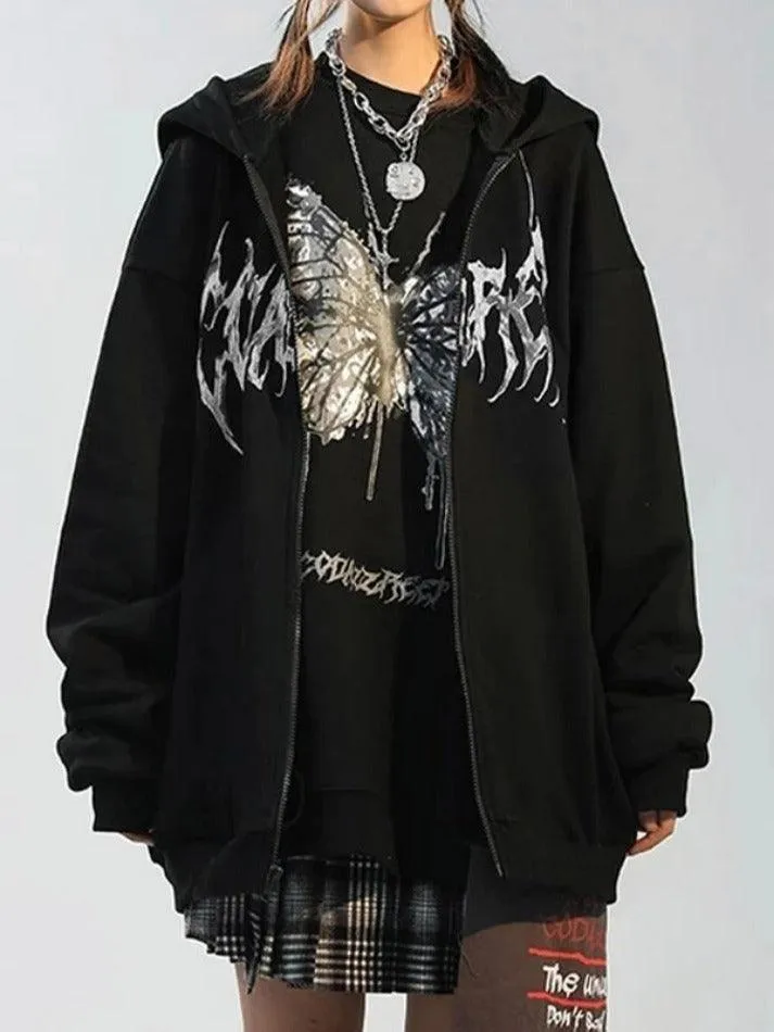 Street Butterfly Print Zip Up Oversized Hoodie